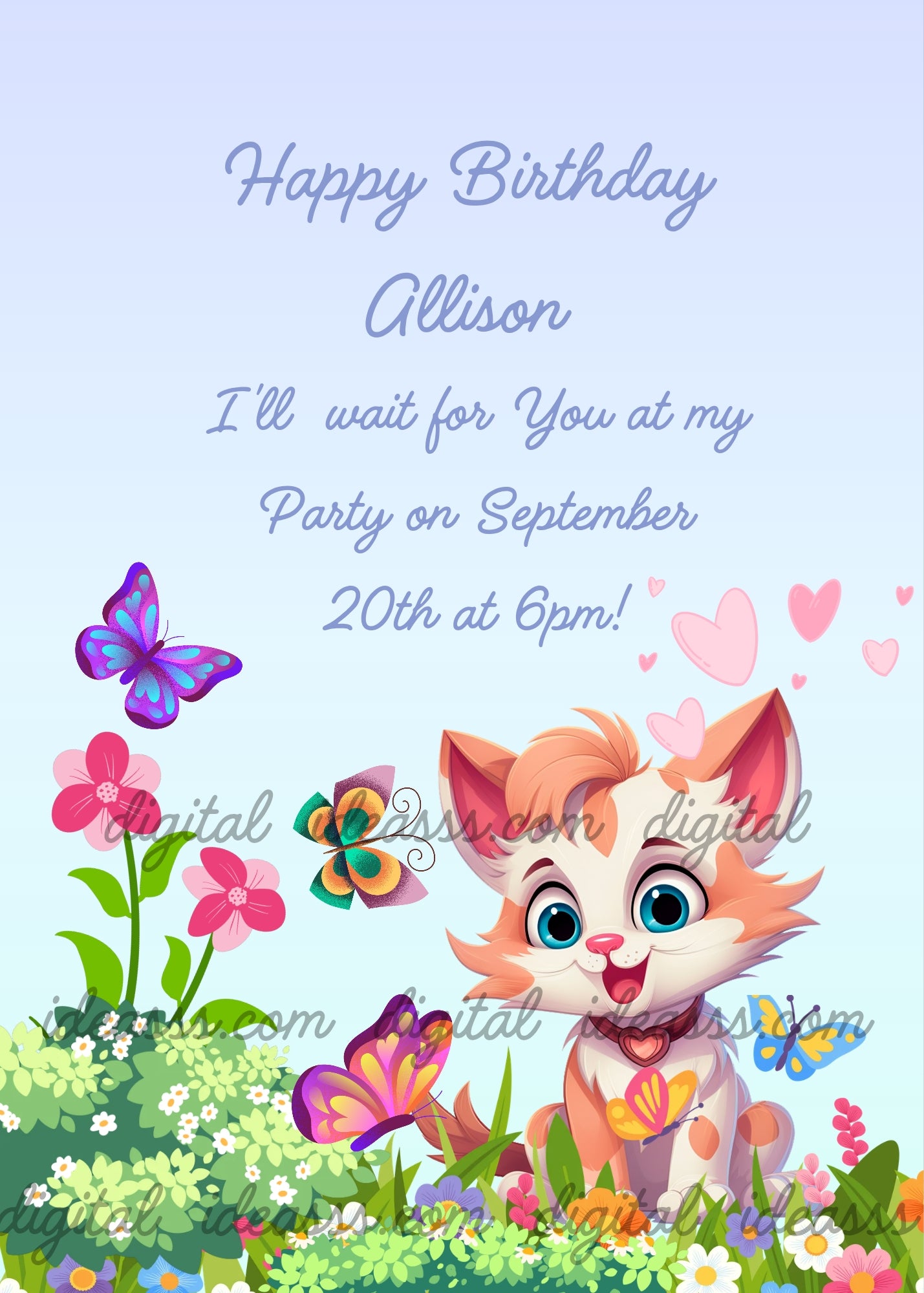 A cute orange, pink and white cartoon kitten with big blue eyes surrounded by colorful butterflies in purple, blue and green, pink floating hearts, and spring flowers on a soft pastel blue and green gradient background — printable birthday card for kids aged 1 to 12