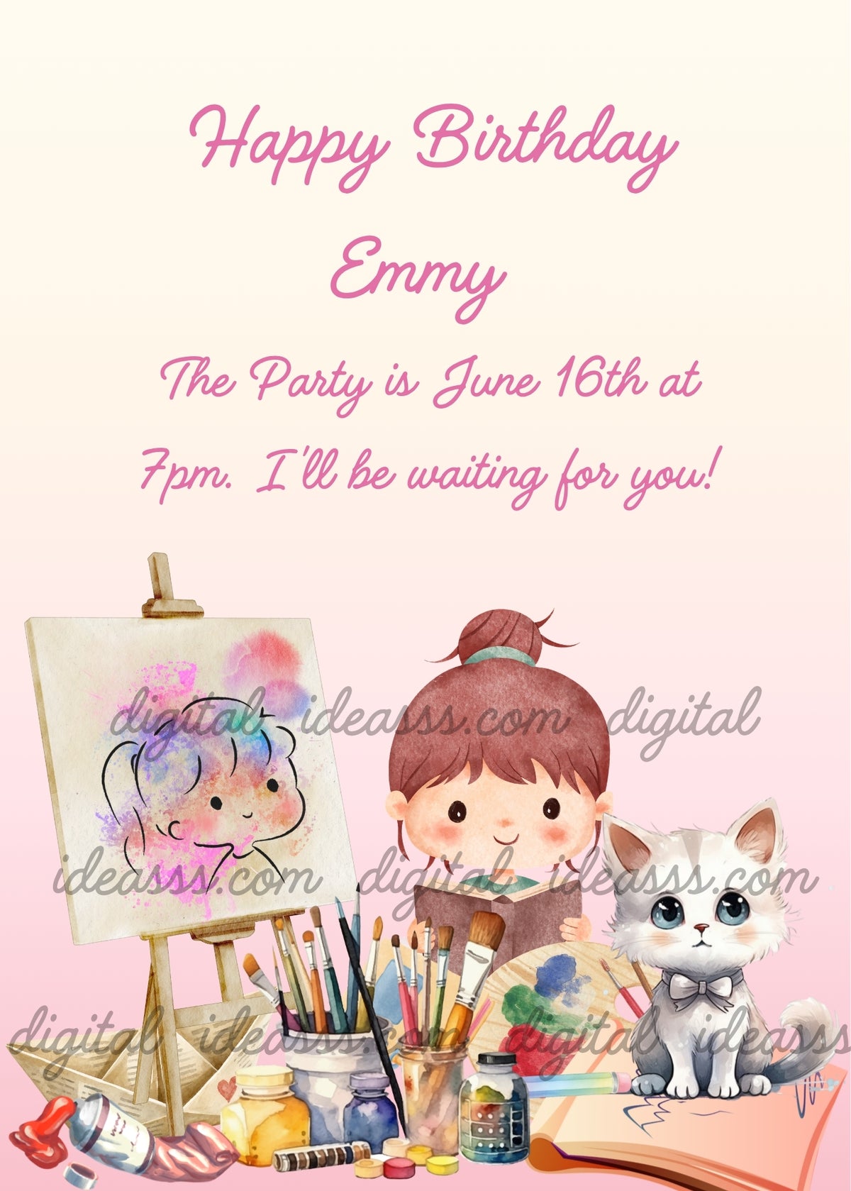 Little girl with brown hair in a bun painting at an easel, surrounded by paintbrushes, paint jars, tubes and a colorful palette, beside a white-and-gray kitten wearing a gray bow tie on an open sketchbook, against a cream-to-pink gradient background - printable birthday card for girls aged 6 to 12