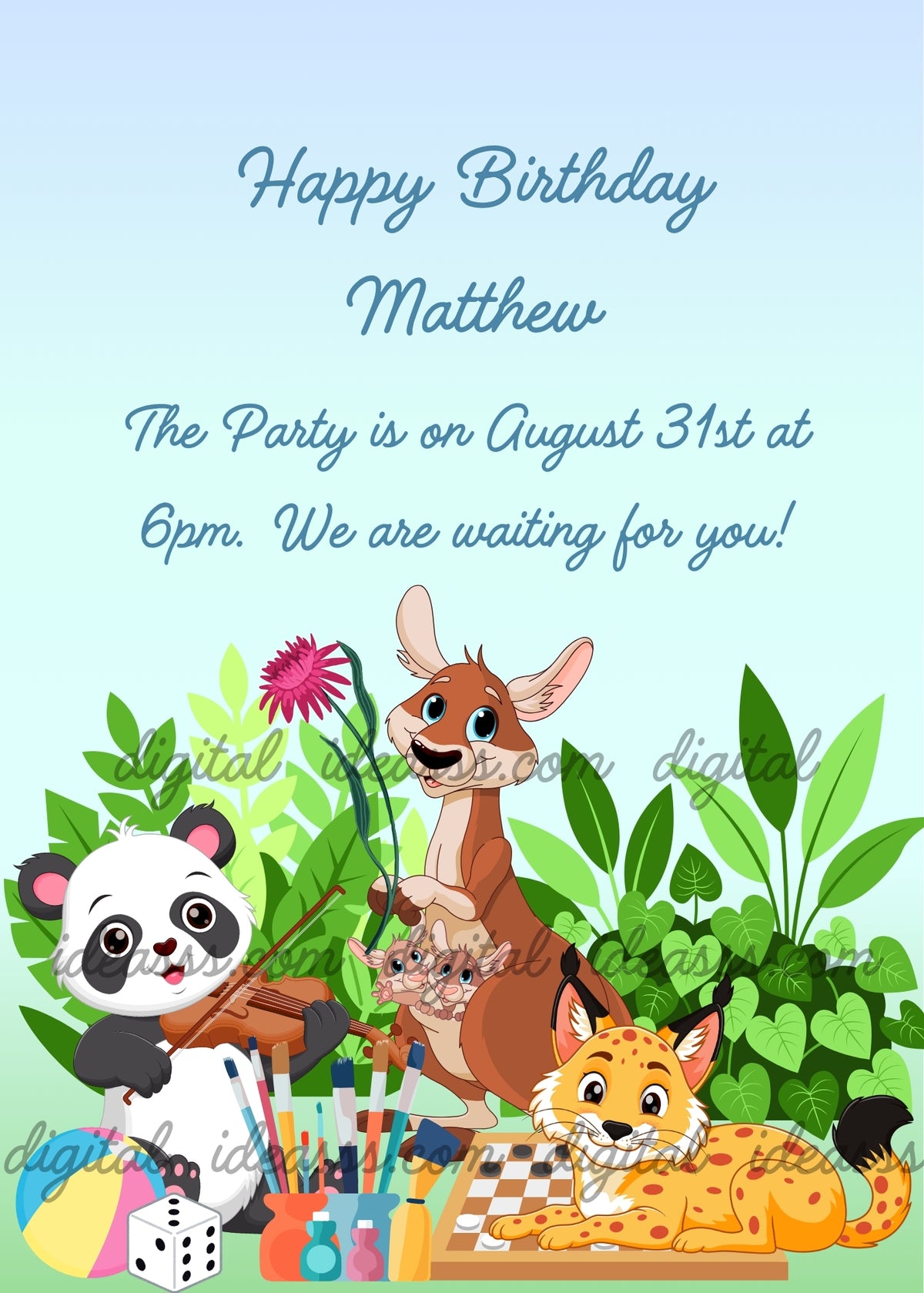 A cute panda playing the violin, a sweet kangaroo mom holding a pink flower in her paws while her two little joeys peek out from her pouch trying to reach the flower, and a playful lynx lying relaxed on a checkerboard, surrounded by colorful brushes, paints, a game die and a beach ball, with lush tropical leaves and a pink flower in the background on a soft light blue gradient — jungle birthday card for kids aged 1 to 9