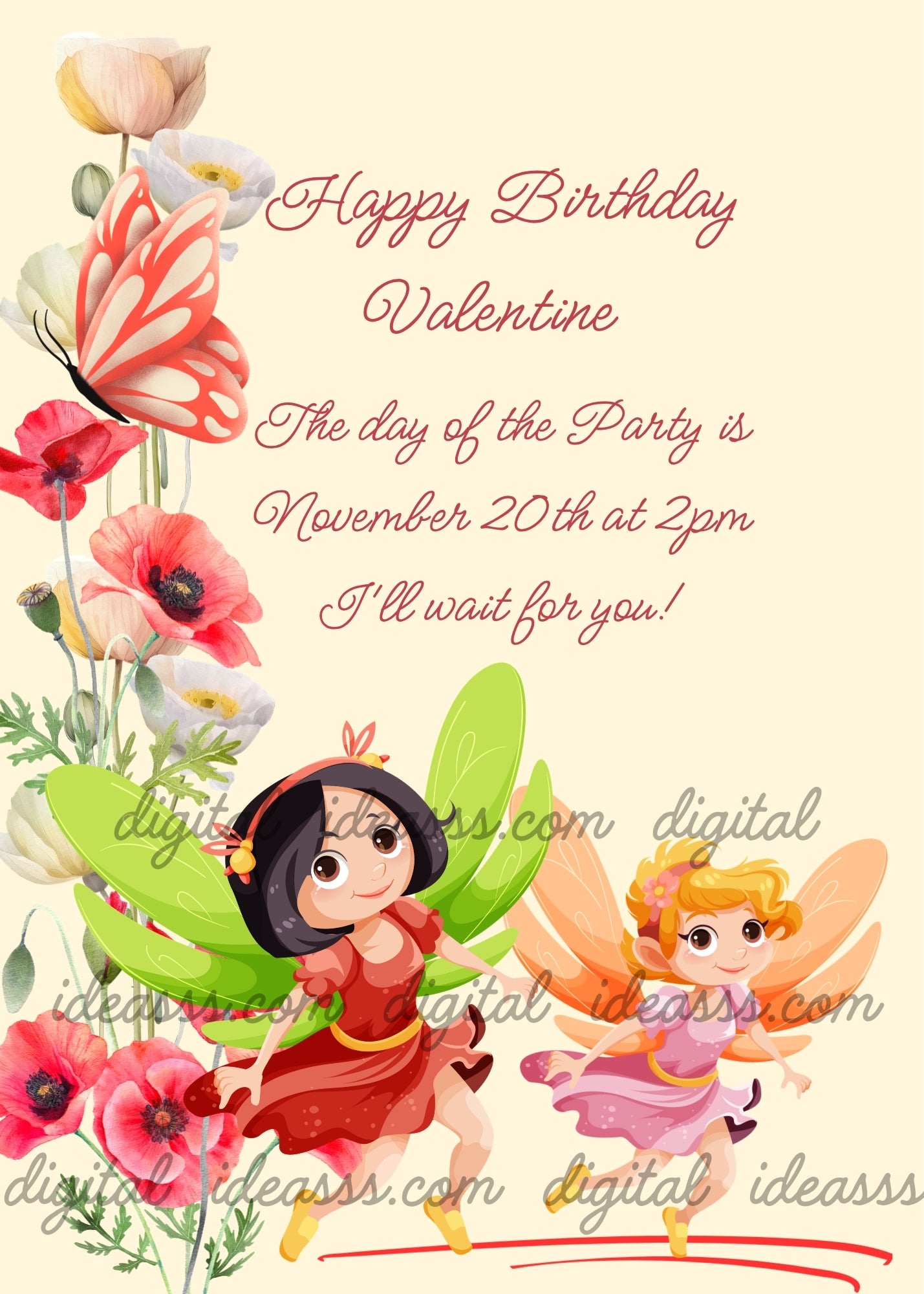 Two cute fairies a red one with green wings and a pink one with orange wings flying among red and white poppies with a red butterfly on a soft cream background — birthday card for girls aged 8 to 14