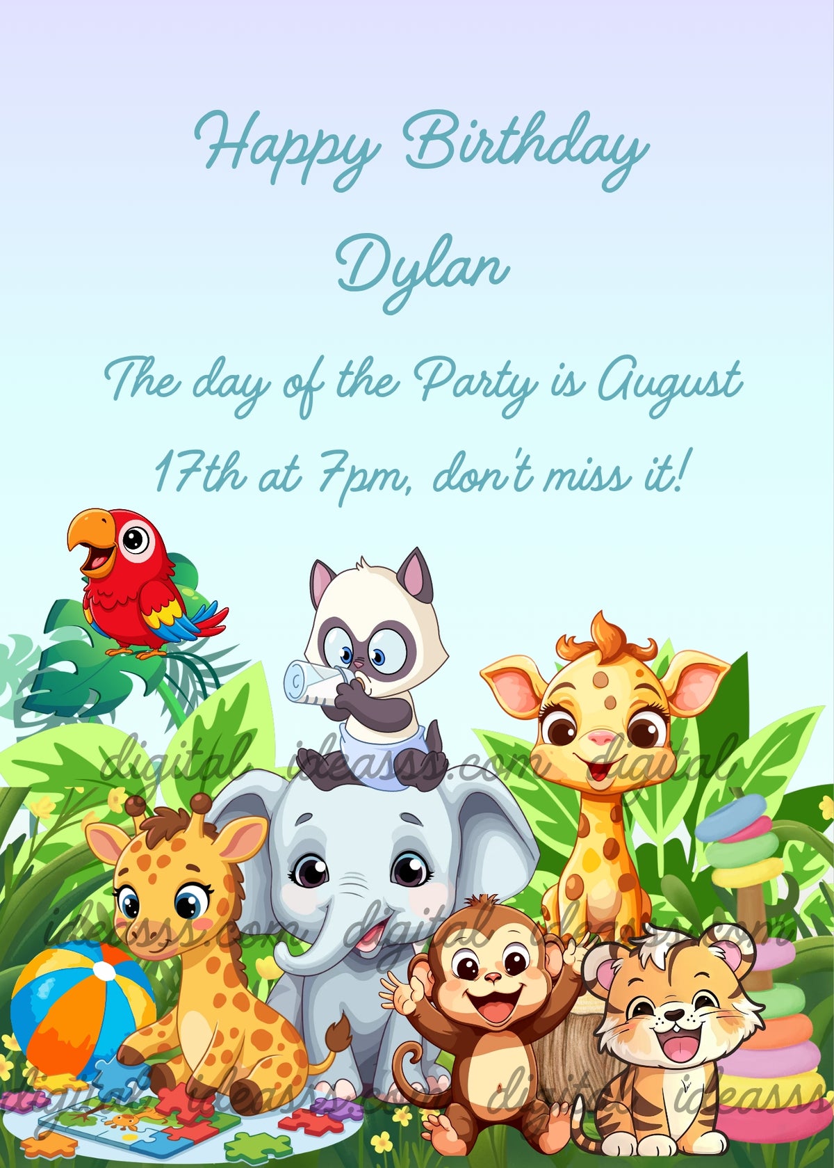 A baby elephant, a monkey, a baby panda with a baby bottle sitting on the elephant's head, a baby giraffe on the left playing with puzzle pieces, a baby giraffe sitting on a tree stump on the right, a tiger cub, a colorful parrot on a branch, a colorful ball and stacking rings on the grass, surrounded by tropical plants — birthday card for kids aged 3 to 9