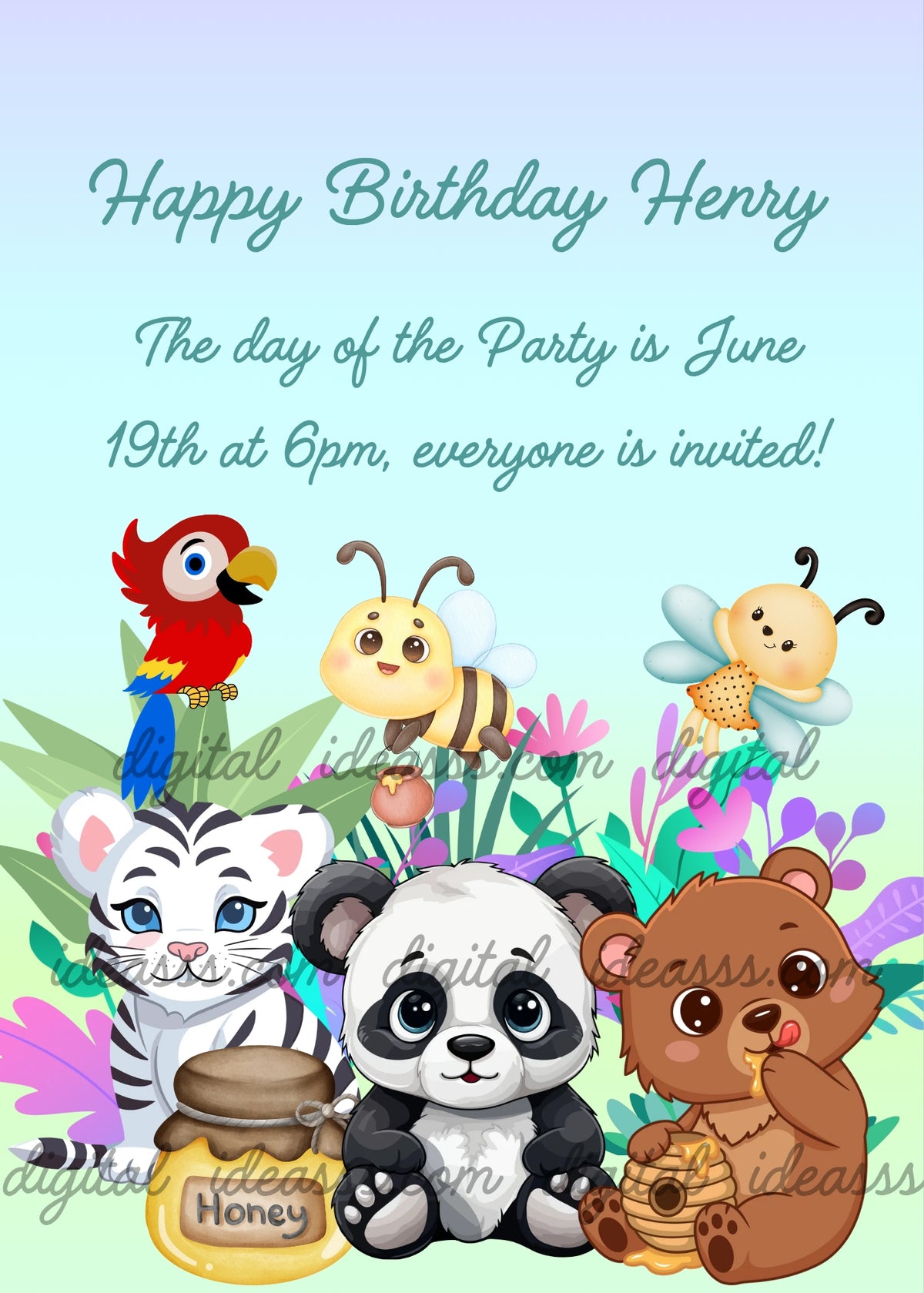 White tiger cub with honey jar, black and white panda, brown bear holding beehive eating honey, two bees in flight with honey bucket, red parrot with blue and yellow wings, colorful tropical flowers and leaves on soft blue and pastel green background — birthday card for children aged 1 to 8