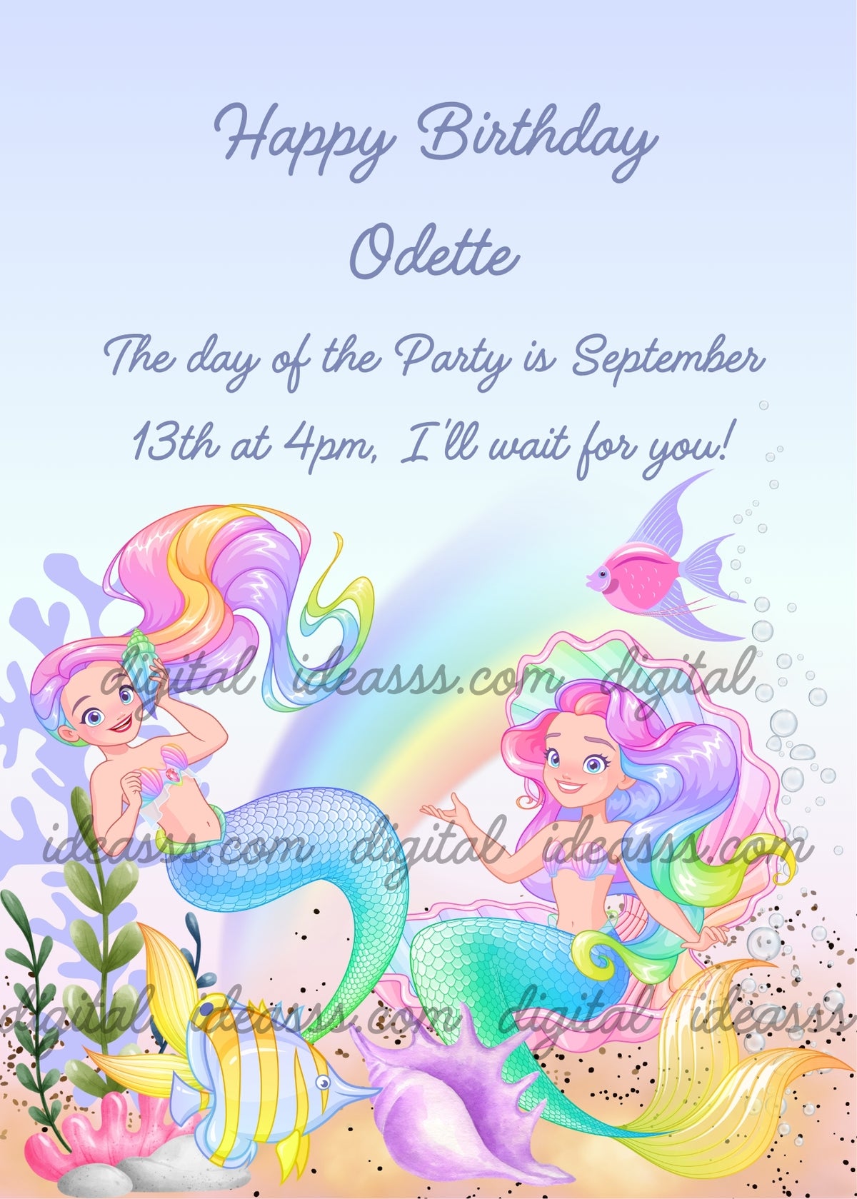 Two mermaids with rainbow hair, one with blue tail and one with green tail, rainbow in the background, pink fish, yellow striped fish, pink corals and green seaweed on pastel blue background — birthday card for girls aged 5 to 12