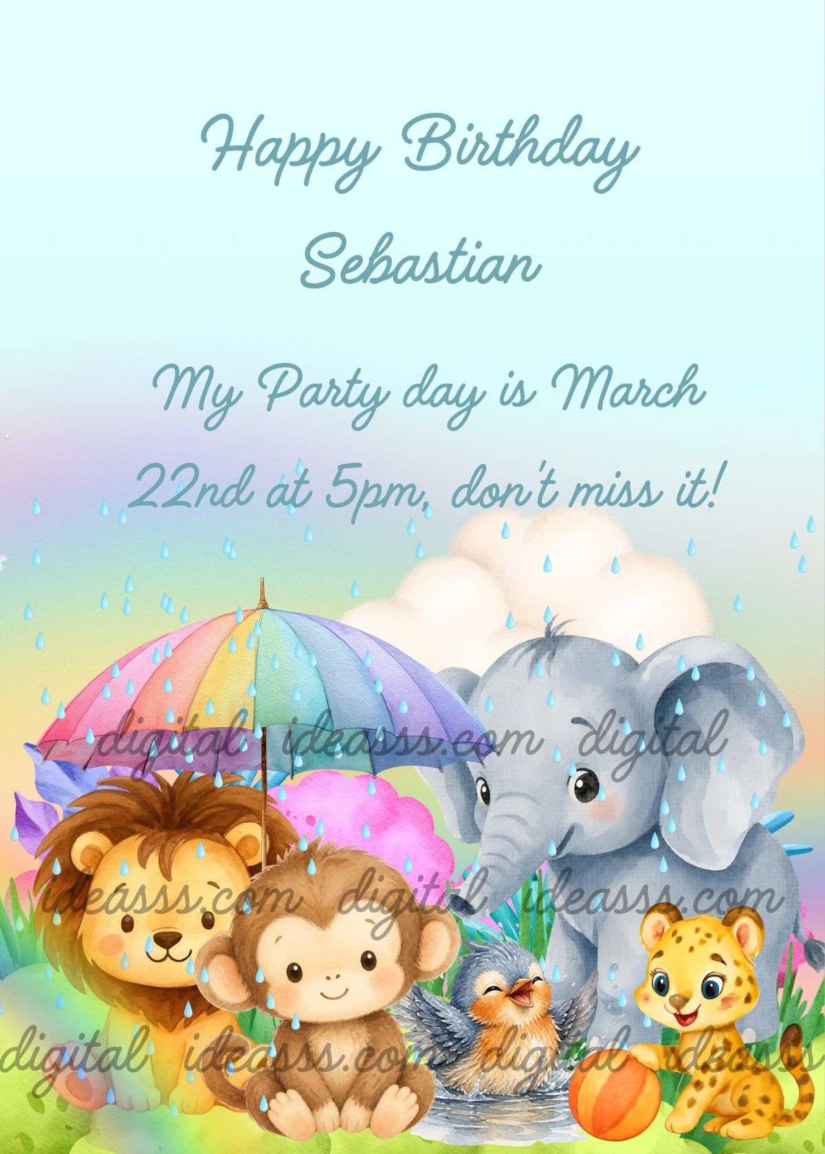 A lion cub next to a tiny rainbow on the left, a cheerful monkey under an umbrella painted by the rainbows, a little bird splashing in a puddle at the center, a gentle gray elephant and an adorable leopard cub with a colorful ball on the right, surrounded by blue raindrops and a fluffy white cloud on a dreamy rainbow-colored background — jungle birthday card for kids aged 1 to 9