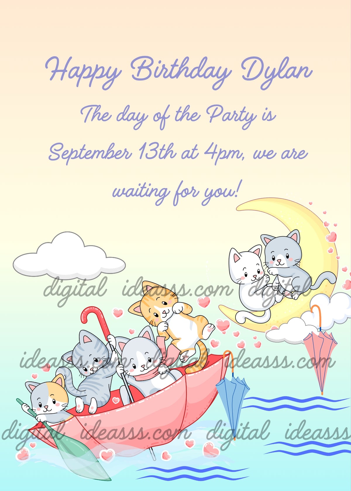 Four kittens sailing in a pink upside-down umbrella boat on gentle blue waves, one using a green leaf as an oar, with a blue umbrella and a pink umbrella floating nearby, and two kittens cuddling on a yellow crescent moon with pink hearts in a soft pastel sky with white clouds — birthday card for children aged 1 to 9