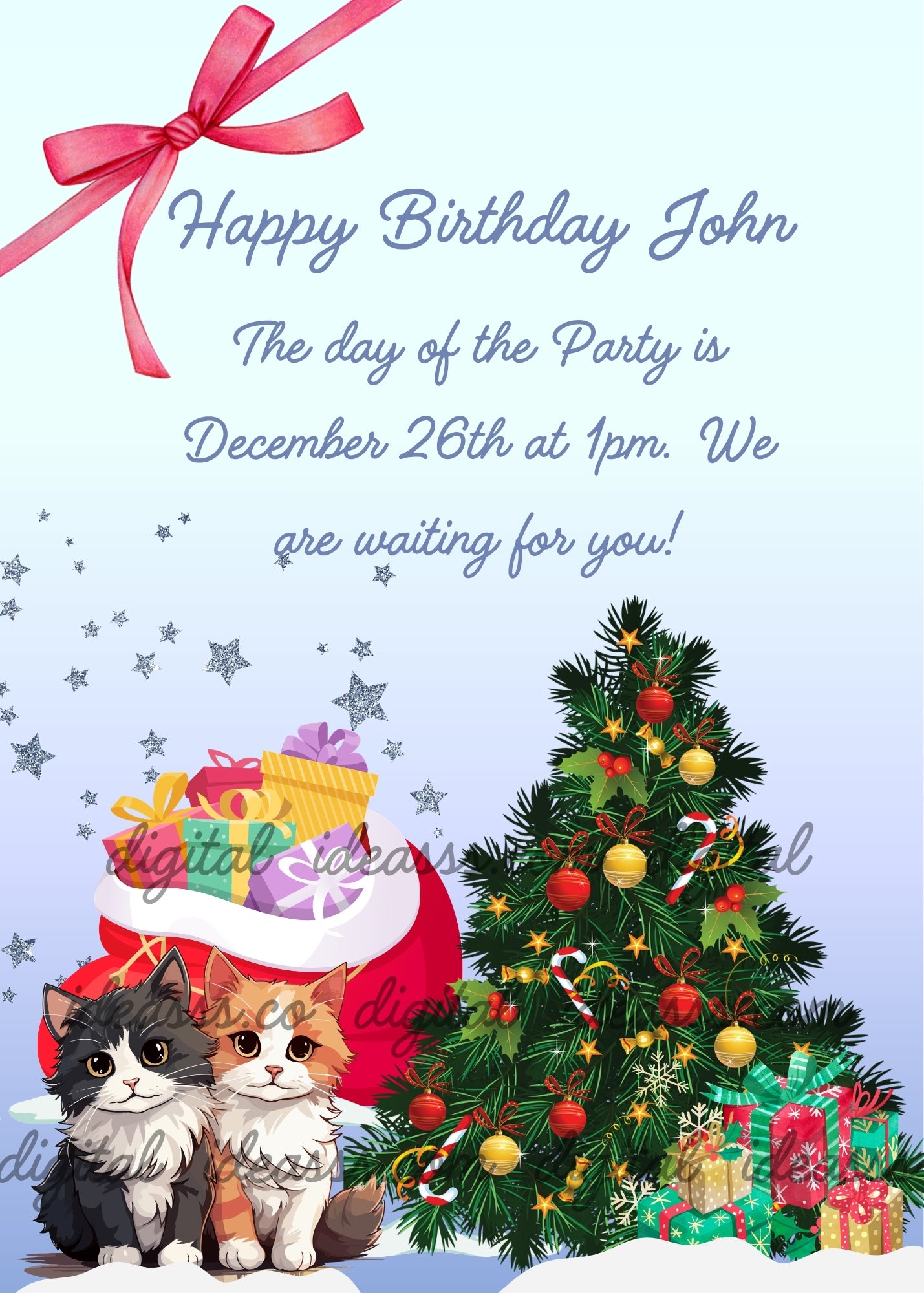 Gray and orange kittens sitting on snow next to a decorated Christmas tree and a red Santa sack full of colorful gifts, silver stars on light blue background — printable Christmas birthday card for children aged 5 to 12