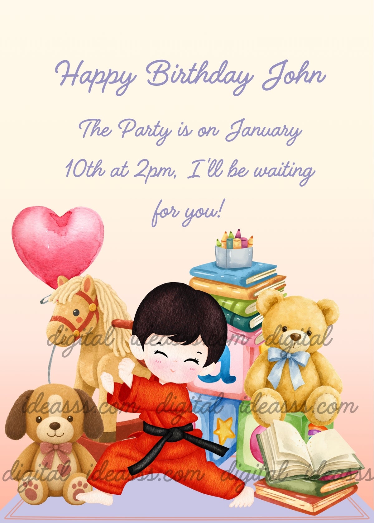 Child with short black hair wearing a red judogi and black belt in a martial arts pose, surrounded by a beige rocking horse, a toy puppy, a golden teddy bear with a blue bow, colorful blocks, stacked books, a container of colored pencils and a pink heart-shaped balloon, on a lilac rug against a cream-to-pink background - printable birthday card for children aged 5 to 10