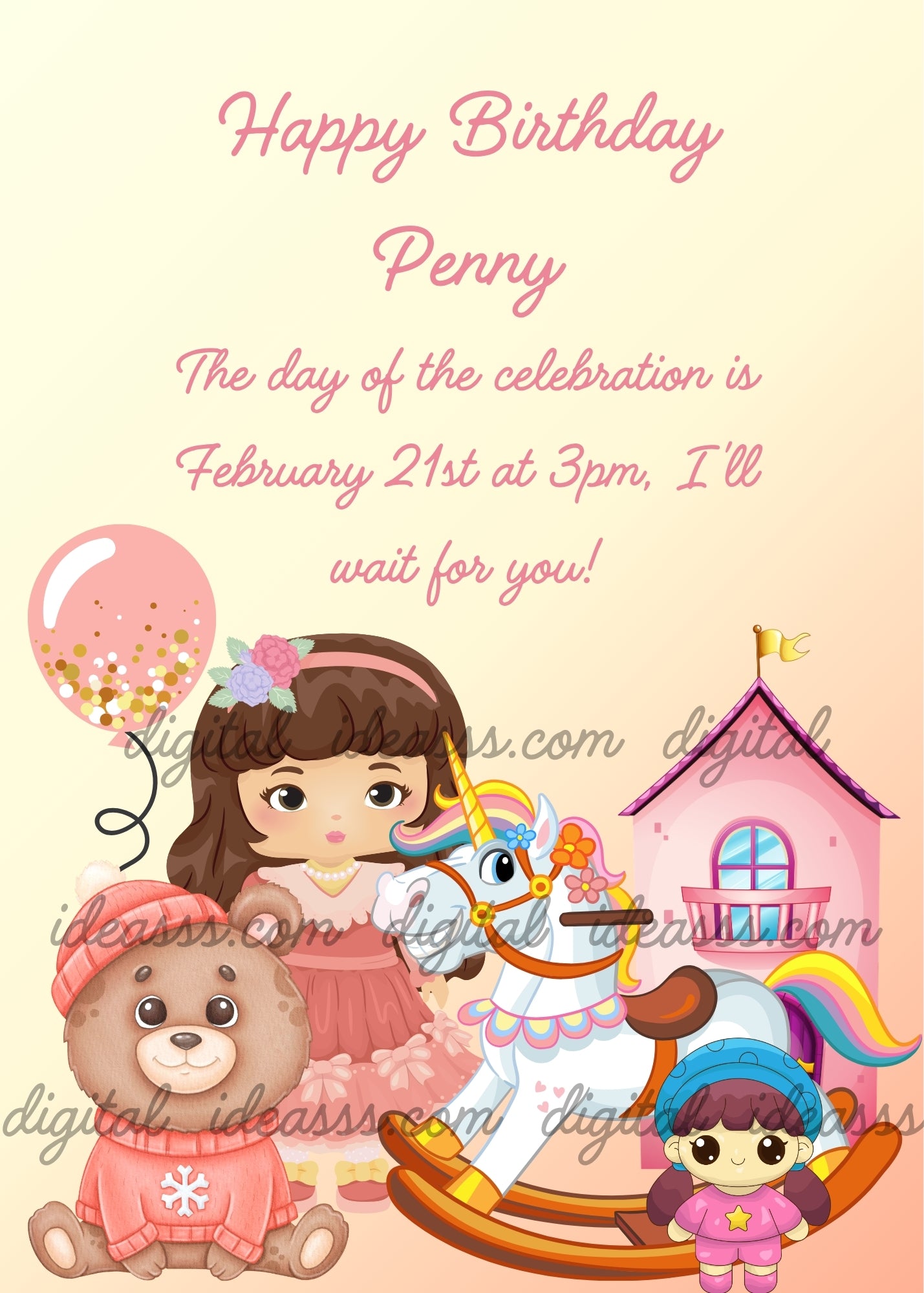 Cute brown-haired doll in a pink dress with a rocking unicorn, a teddy bear in a pink sweater, a doll, a pink balloon and a pink dollhouse on a soft peach gradient background — birthday card for girls aged 1 to 9