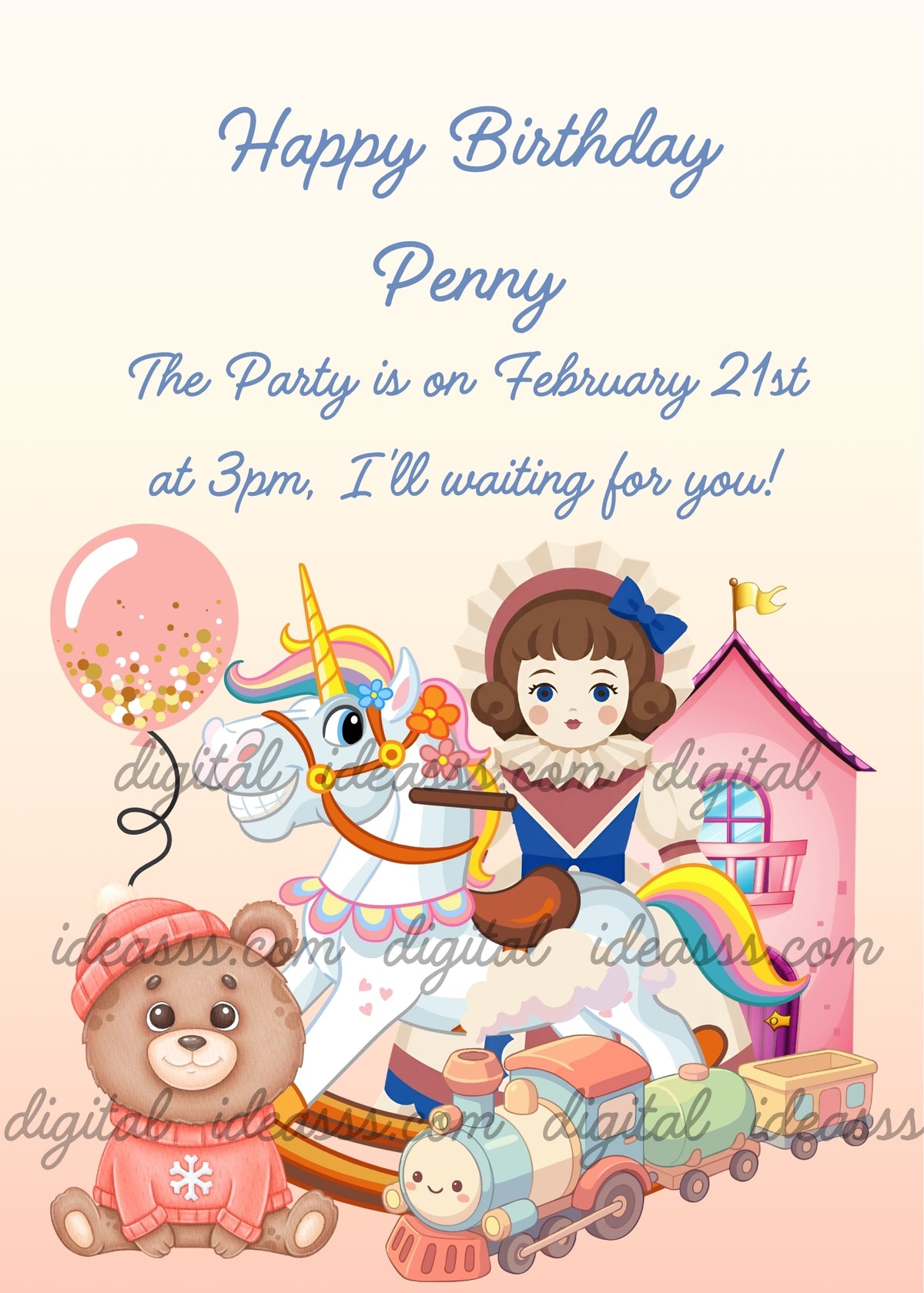 White rocking unicorn with a rainbow mane and tail, a brown-haired princess doll behind it, a teddy bear wearing a pink sweater and hat, a colorful toy train, a pink dollhouse and a pink balloon, against a cream-to-pink gradient background - printable birthday card for girls aged 1 to 9