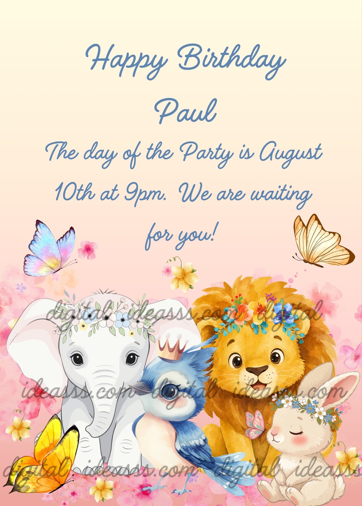 A white elephant with a flower garland on the left, a blue bird with a golden crown at the center, a cheerful lion cub with a colorful flower crown, and a little white bunny with a flower garland on the right, two butterflies one blue and one golden yellow, surrounded by pink flowers on a soft peach and pink background — romantic jungle birthday card for kids aged 1 to 9