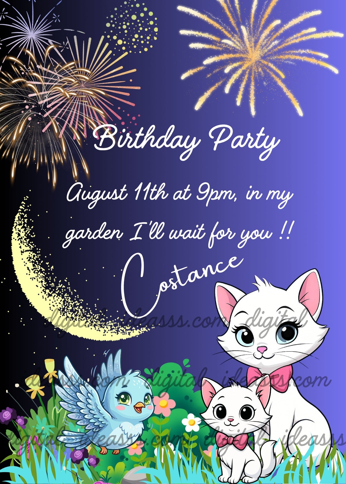 A cute white mother cat with fuchsia bow and her curious little kitten looking at a sweet light blue bird, surrounded by colorful flowers and green grass, with a glowing crescent moon and spectacular golden and pink fireworks on a deep blue night sky background — birthday card for girls aged 6 to 12
