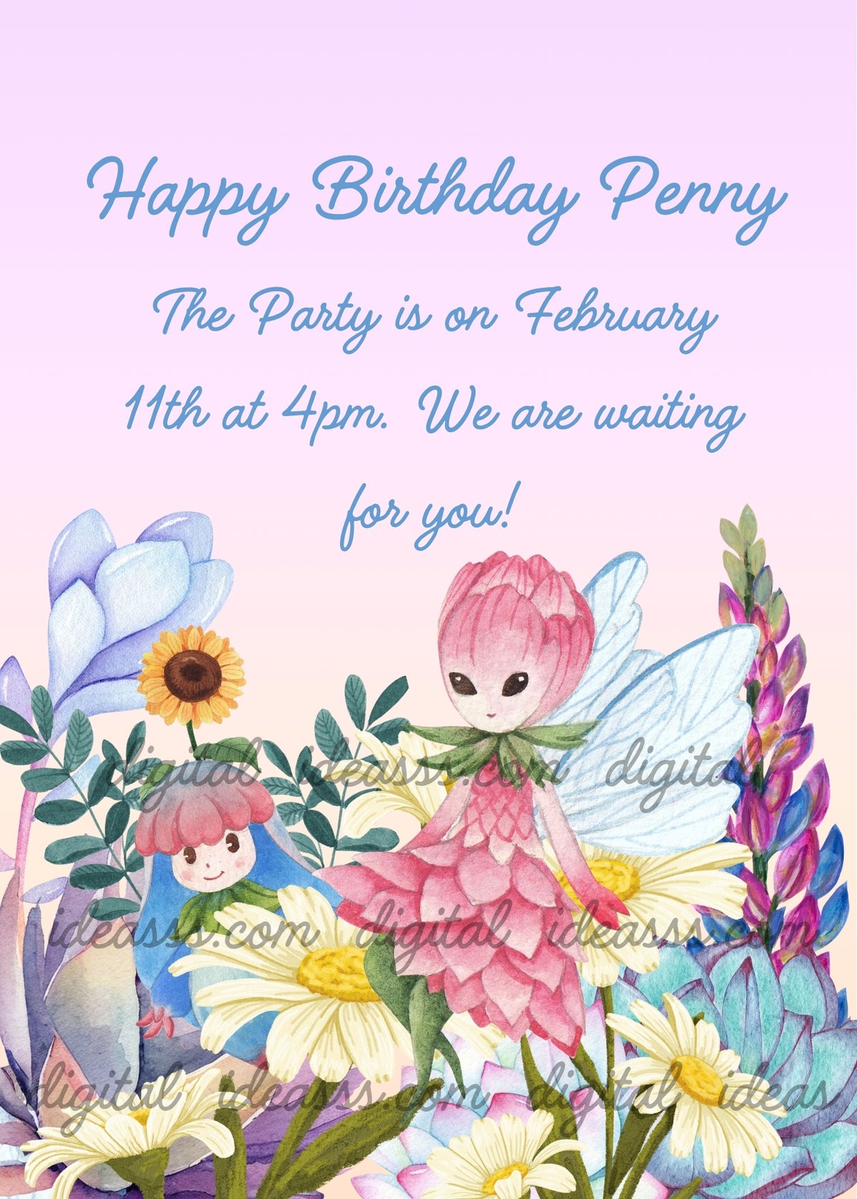 Pink flower fairy with petal dress and transparent wings, sweet little elf with flower hat, white daisies, yellow sunflower, pink and purple lupins, blue succulents, soft aqua gradient background — birthday card for children aged 6 to 4
