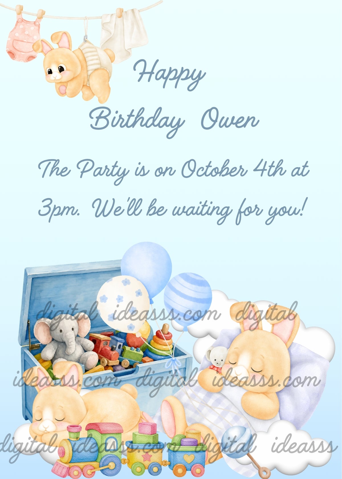 Two sleepy beige toy bunnies resting on clouds, one tucked under a checkered blanket beside a little white mouse and a blue rattle, with an open light blue toy chest filled with toys, a colorful toy train, three balloons and a small bunny hanging from a clothesline with baby clothes, against a pale blue background - printable birthday card for children aged 1 to 7