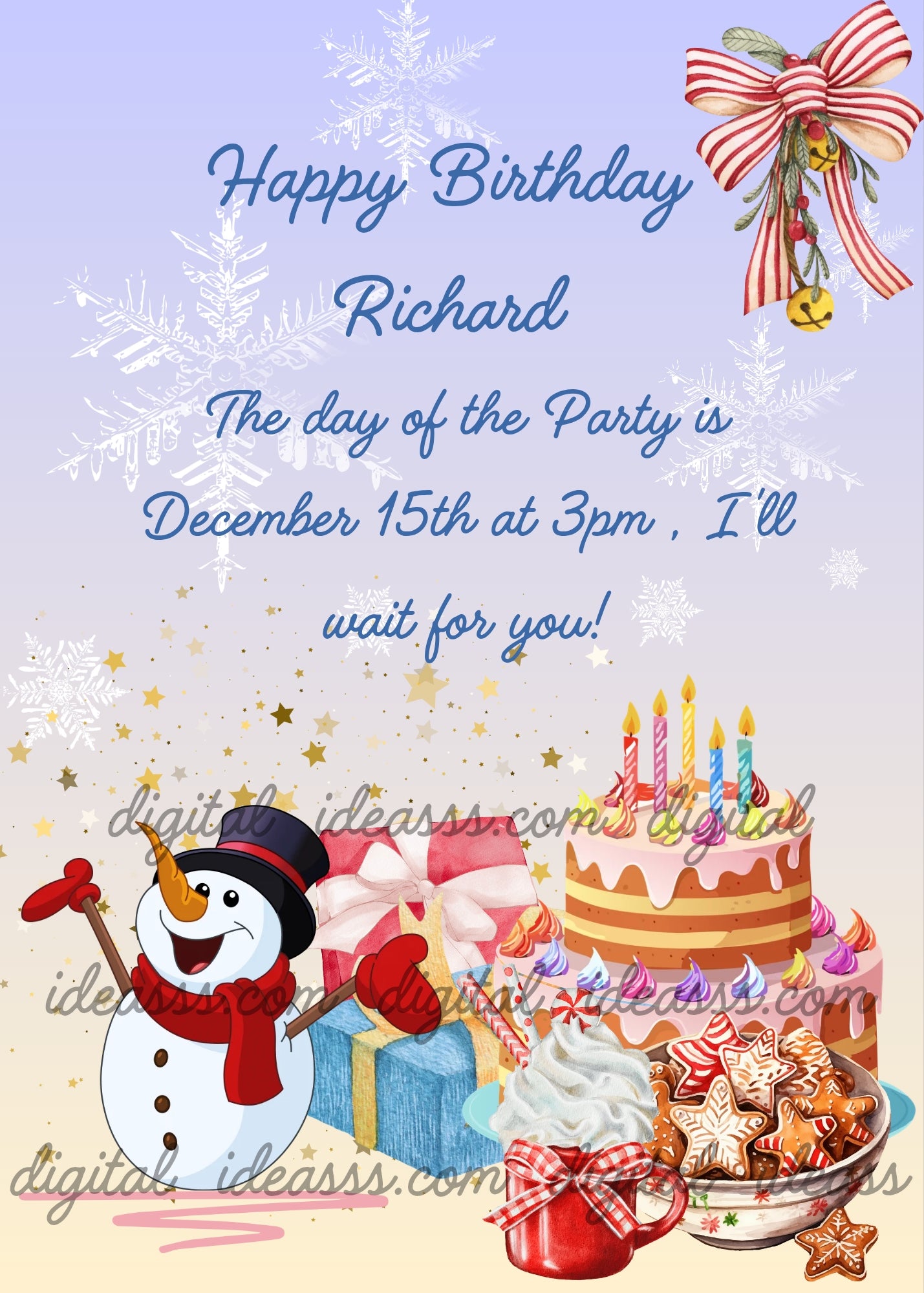 A cheerful snowman wearing a black top hat and red scarf, next to two wrapped gift boxes in pink and blue, a tall three-tier birthday cake with colorful candles and dripping icing, a red mug with whipped cream and a candy cane, and a bowl of Christmas gingerbread cookies, with snowflakes and gold stars on a soft lavender-to-peach gradient background and a festive red striped bow in the top right corner — birthday card for children aged 5 to 12