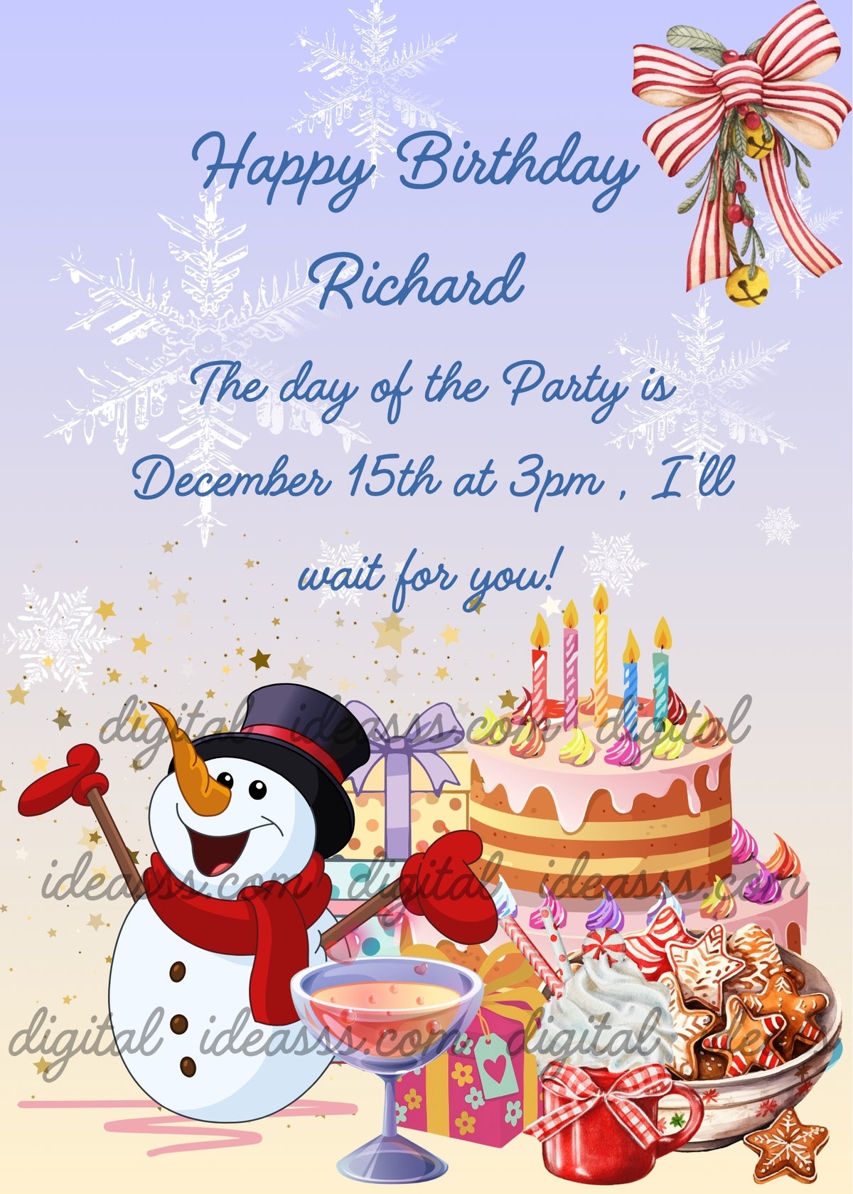Cheerful snowman with black top hat and red gloves holding a stick, next to a layered birthday cake with colorful candles, a bowl of gingerbread star cookies, four colorful gift boxes, a glass of sparkling wine, on a soft lavender gradient background with white snowflakes and golden stars, with a red striped bow and golden bells in the top right corner — Christmas birthday card for children aged 5 to 12