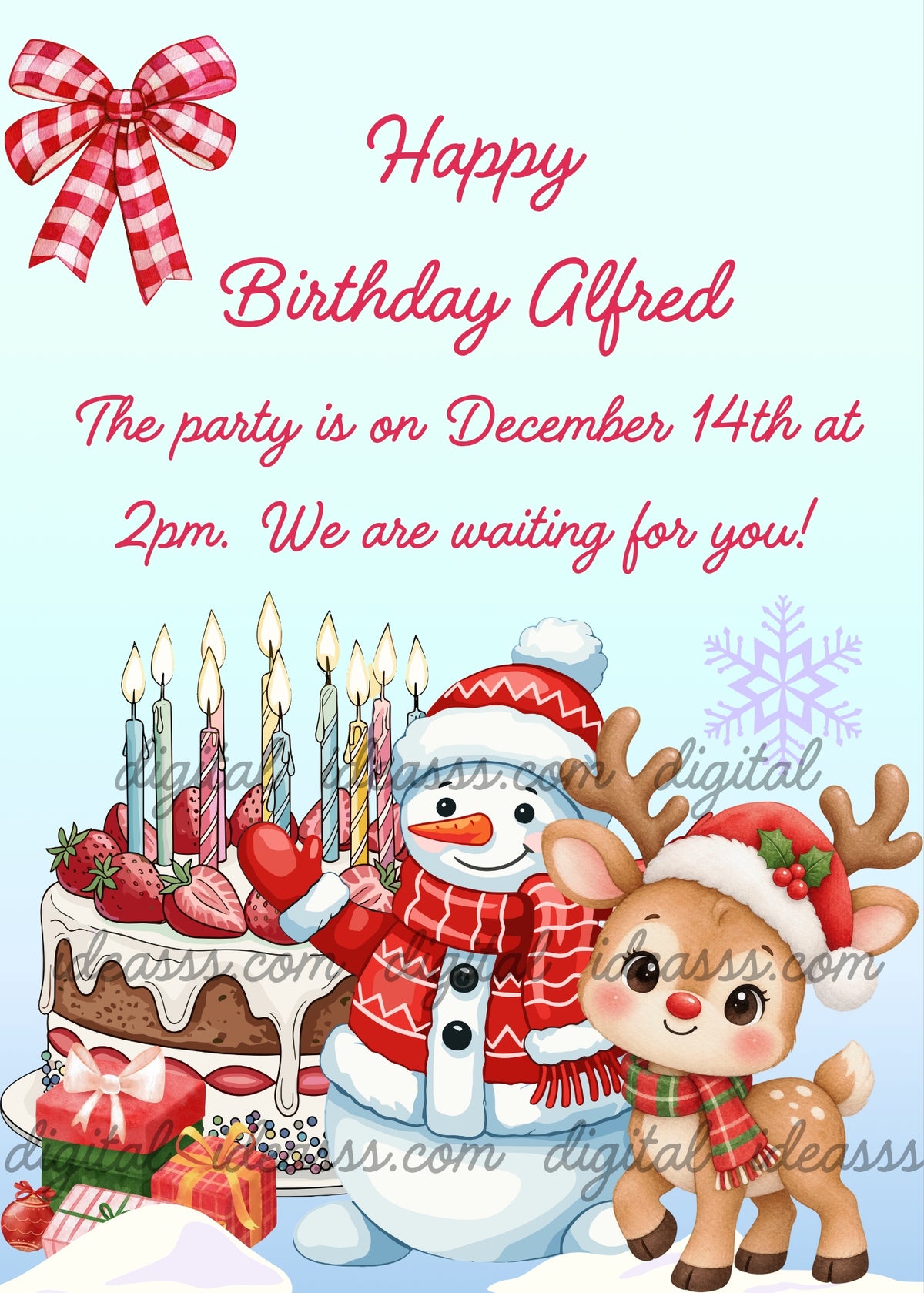 Birthday Card — Smiling snowman in a red-and-white sweater and scarf beside a reindeer in a Santa hat and plaid scarf, with a chocolate cake topped with cream, strawberries and candles, wrapped gifts, a checkered bow and a snowflake on a light blue background — personalized Christmas birthday card for children aged 6 to 14