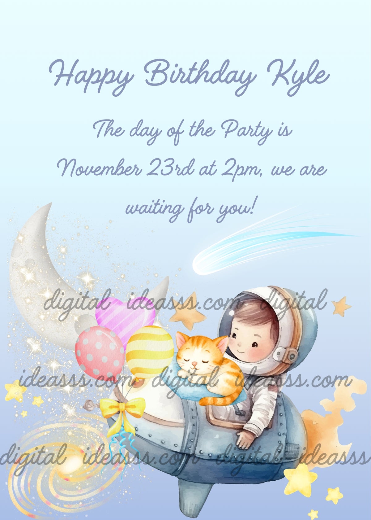 A cute boy astronaut in a light blue spaceship traveling through space, with an adorable sleeping orange tabby kitten resting on a cushion inside the spaceship, colorful balloons tied with a yellow bow at the tip of the spaceship, a white crescent moon on the left, golden stars, and a comet streaking across the top, on a soft light blue gradient background with glitter stars — birthday card for boys aged 5 to 10
