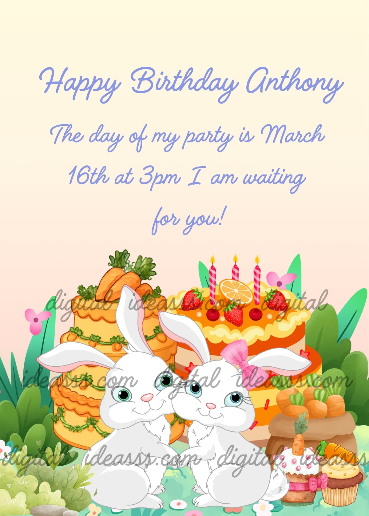 Two adorable white kawaii bunnies sitting together in a lush green garden with colorful flowers, the girl bunny wearing a pink bow on her ear, with an orange carrot cake on the left, a strawberry birthday cake with candles on the right, and two carrot cupcakes one decorated with a pink bow, on a soft yellow-to-peach gradient background — birthday card for children aged 1 to 12