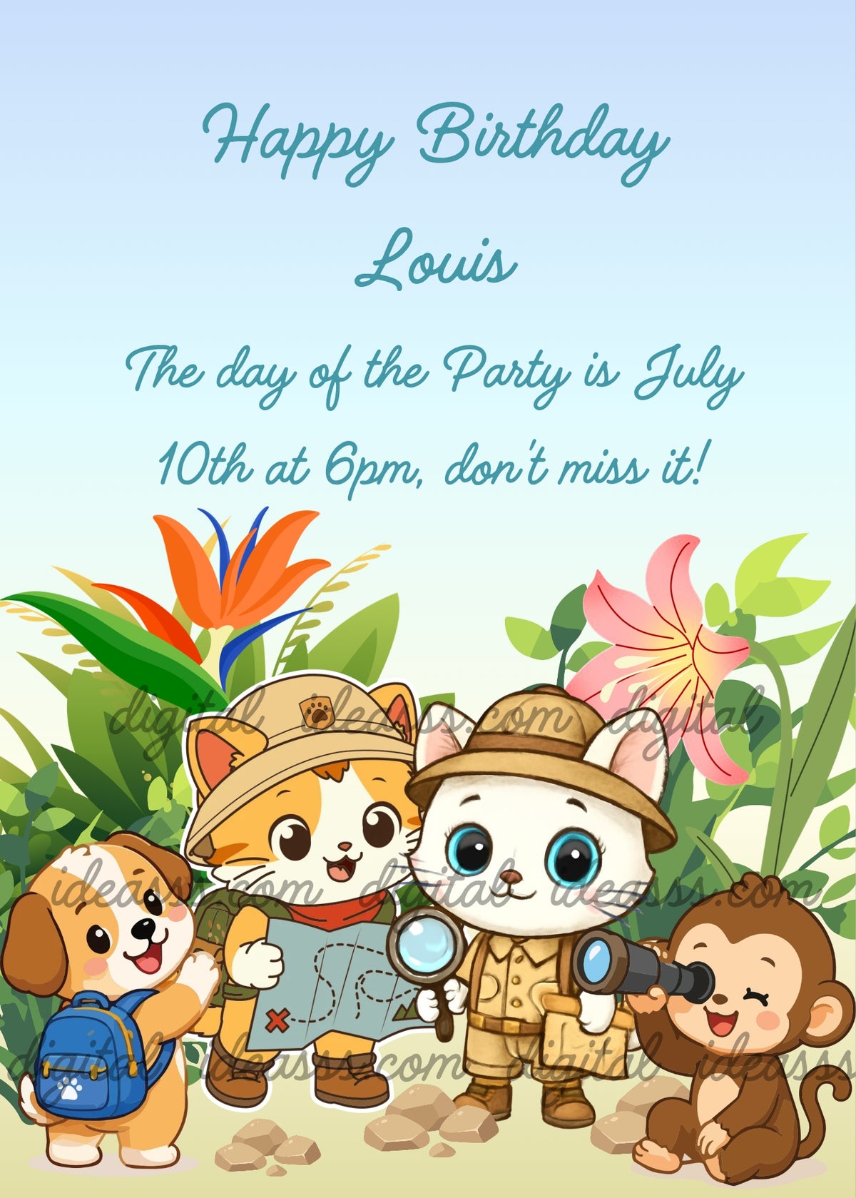 Two explorer cats in safari hats with a map and magnifying glass, a puppy with a blue backpack, and a little monkey with binoculars in a tropical jungle with orange and pink flowers — birthday card for kids aged 3 to 9