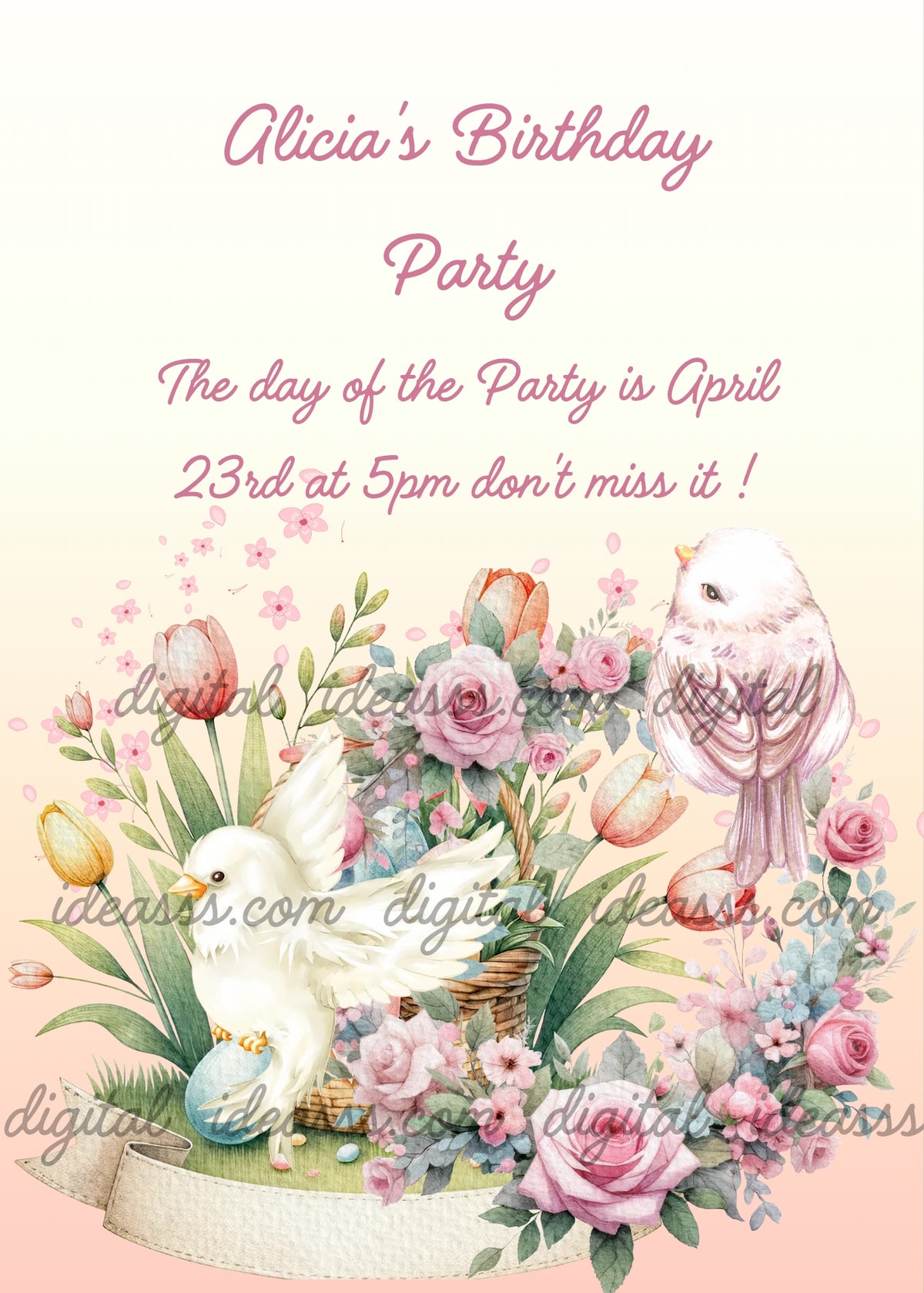 A white dove with an egg, a small white and pink bird, pink roses, tulips, blue flowers and a wicker basket in a romantic spring garden on a soft pink background — birthday card for girls aged 8 to 14