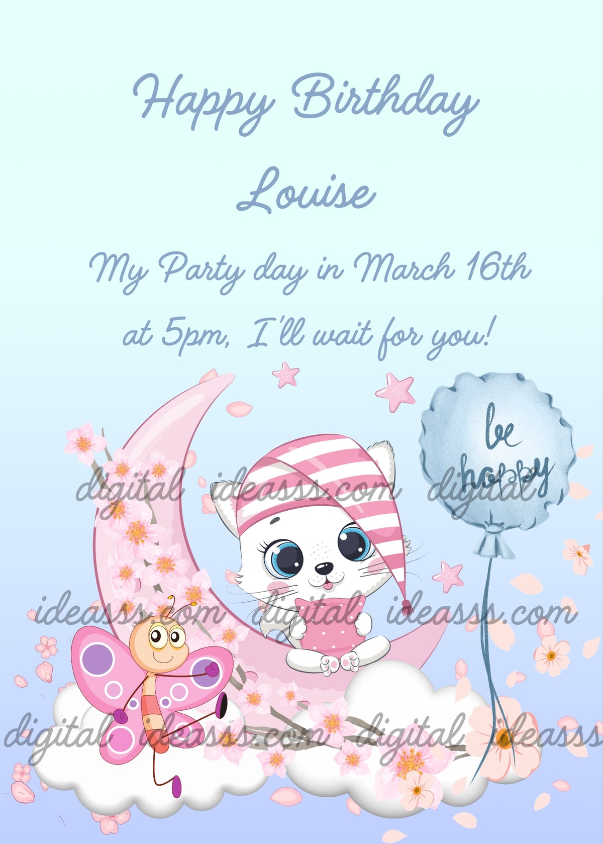 The white kitten Trilly sitting on a pink crescent moon on a soft white cloud, wearing a pink striped nightcap, with a grey Be Happy balloon, a pink and purple butterfly among cherry blossom petals, and pink stars in the sky — birthday card for children aged 1 to 9
