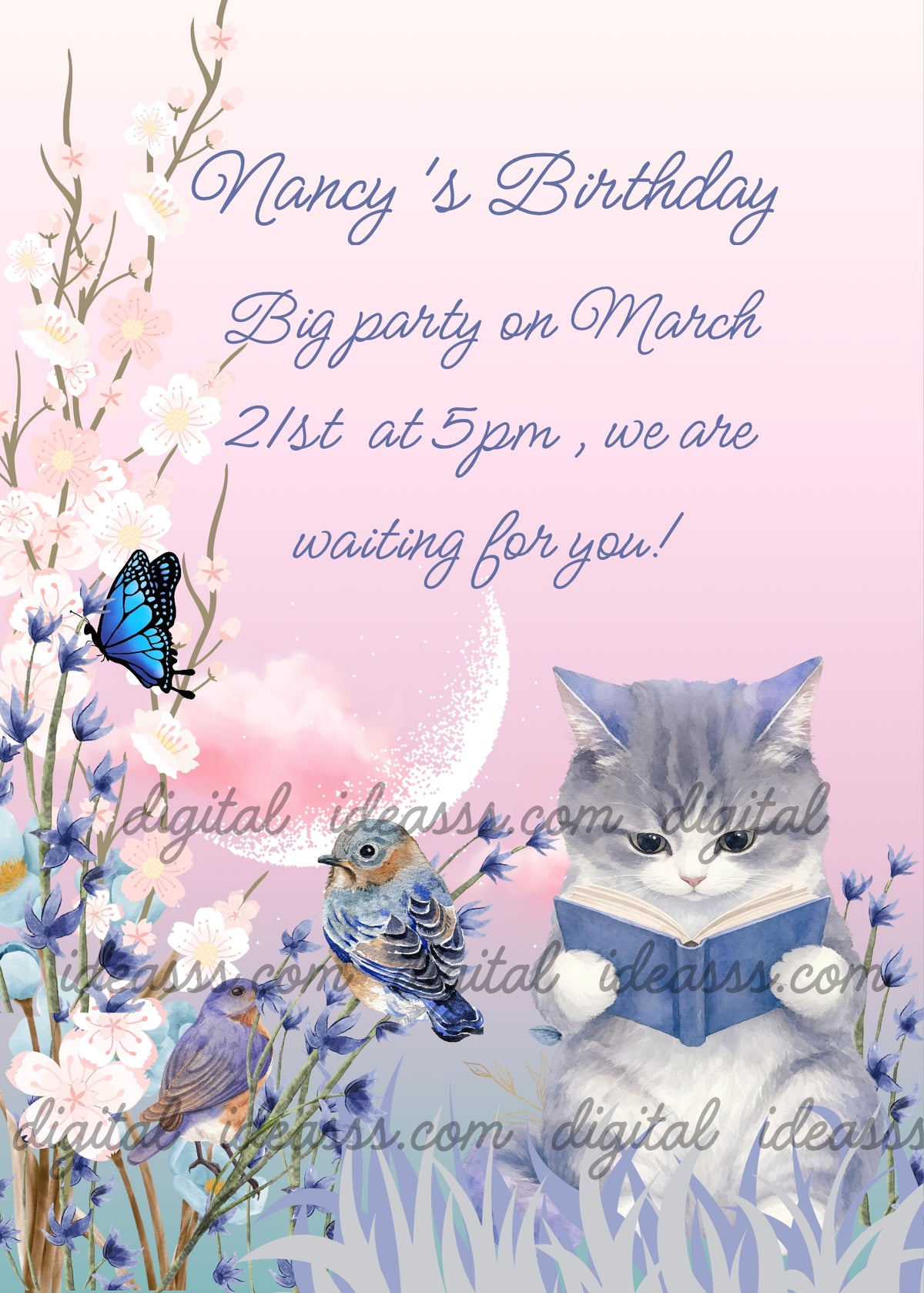 A grey and white kitten reading a book in a meadow with white cherry blossom branches, light blue lavender flowers, two small birds and a blue butterfly, a soft glowing crescent moon in a pink and light blue gradient background — birthday card for children aged 7 to 14