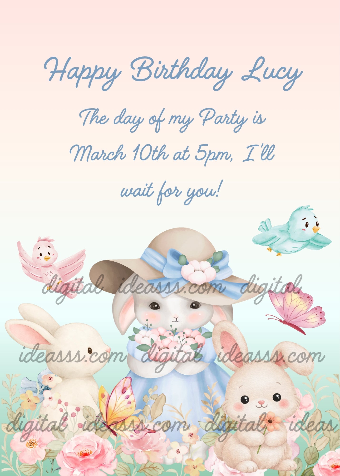 A mama bunny wearing a large hat with a blue bow and flowers holding a bouquet of pink flowers, with two smaller bunnies beside her, a pink bird flying on the left, a teal bird flying on the right, a pink butterfly on the right, colorful butterflies and pink roses surrounding them, on a soft pink to mint green gradient background — birthday card for girls aged 1 to 12
