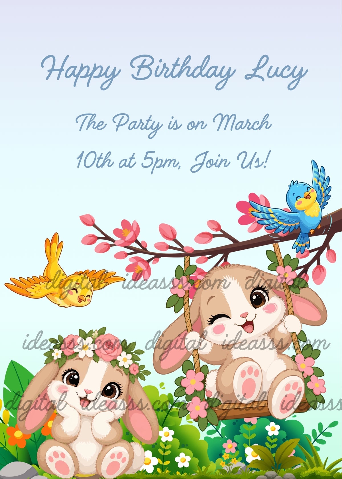 Two smiling brown-and-white bunnies in a spring garden, one winking on a flower-decorated wooden swing and the other wearing a floral crown, with yellow and blue birds, a pink-blossomed branch and colorful flowers on a pastel blue-and-lilac background - printable birthday card for kids aged 1 to 12
