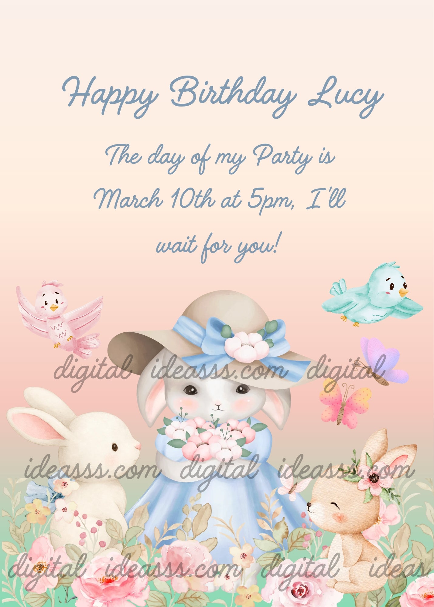 A bunny wearing a flowery dress and hat, along with her bunnies, is surrounded by flowers and birds - printable greeting card for girls ages 1-12