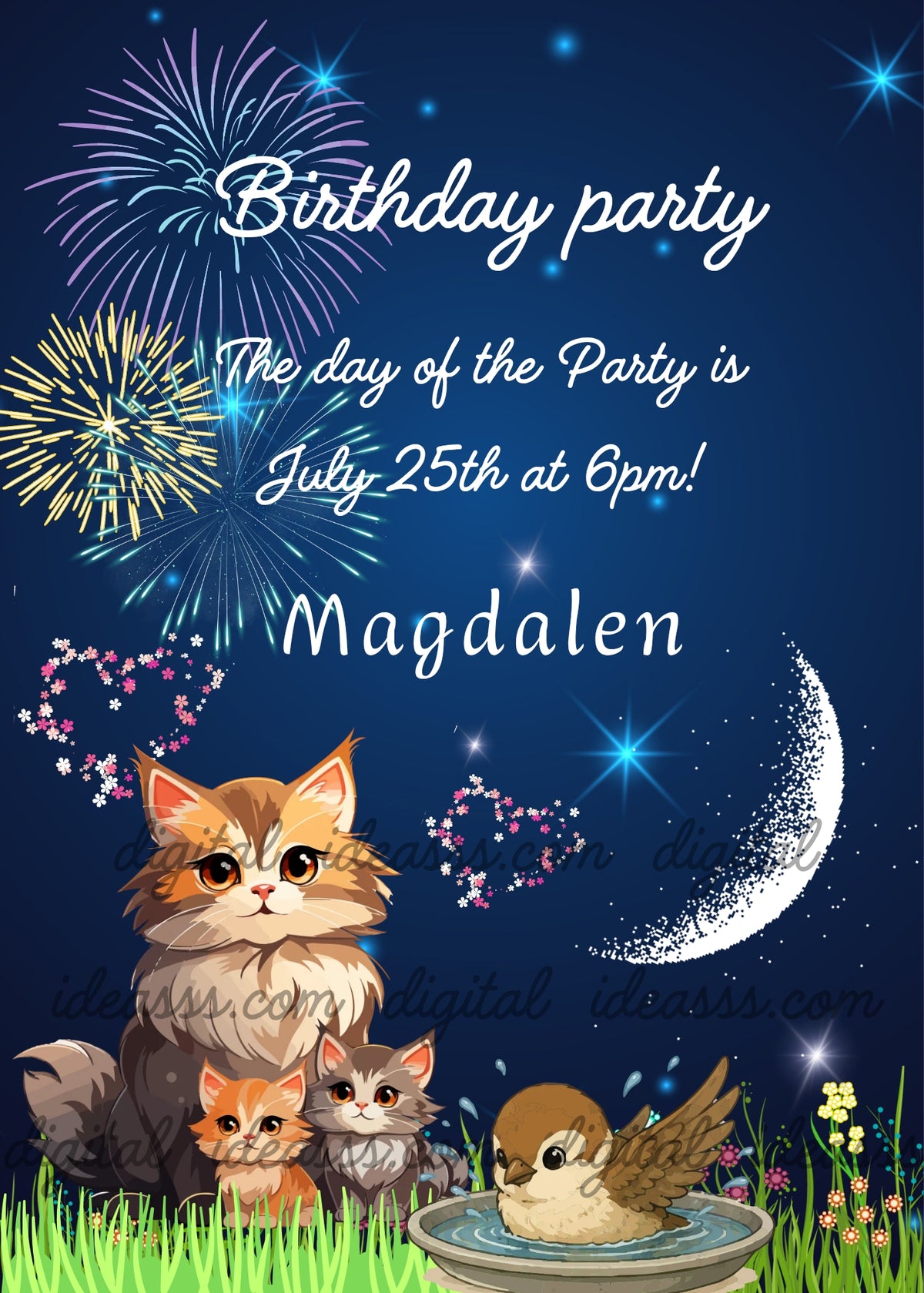 A mother cat with two kittens and a little bird bathing in a bowl on a lush green meadow with colorful flowers, surrounded by pink flower hearts, a glowing crescent moon and spectacular fireworks in a deep blue starry night sky — birthday card for children aged 5 to 14