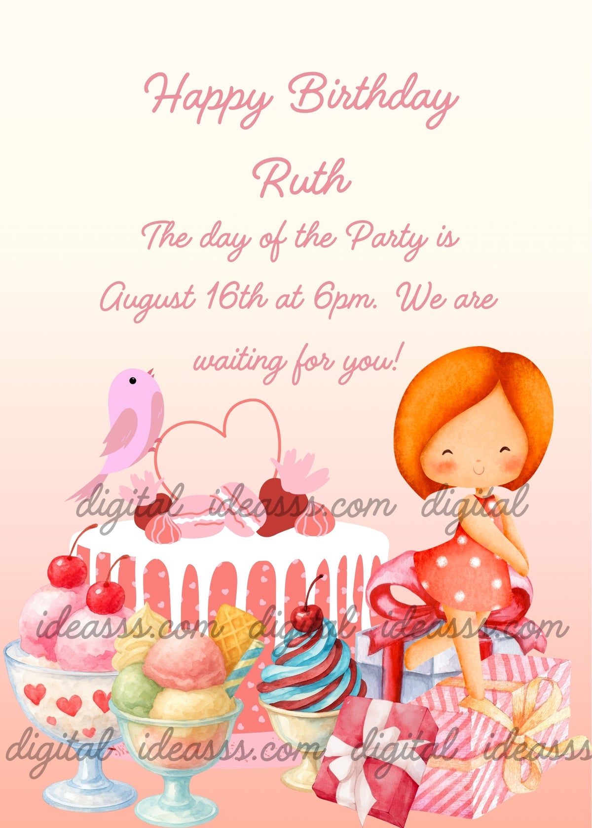 Sweet kawaii girl with red hair joyfully jumping on colorful gift boxes, next to a white drip cake decorated with candies and a pink bird, surrounded by ice cream sundaes, a cupcake and cherries on a soft pink gradient background — birthday card for girls aged 1 to 10