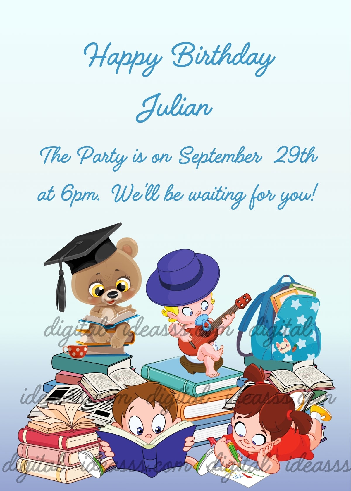 Boy reading a blue book beside a girl lying on her tummy drawing, with a teddy bear wearing a graduation cap and reading, a little musician in a purple hat playing guitar, stacks of open and closed books and a turquoise star-patterned backpack on the right, against a light blue background - printable birthday card for children aged 6 to 12