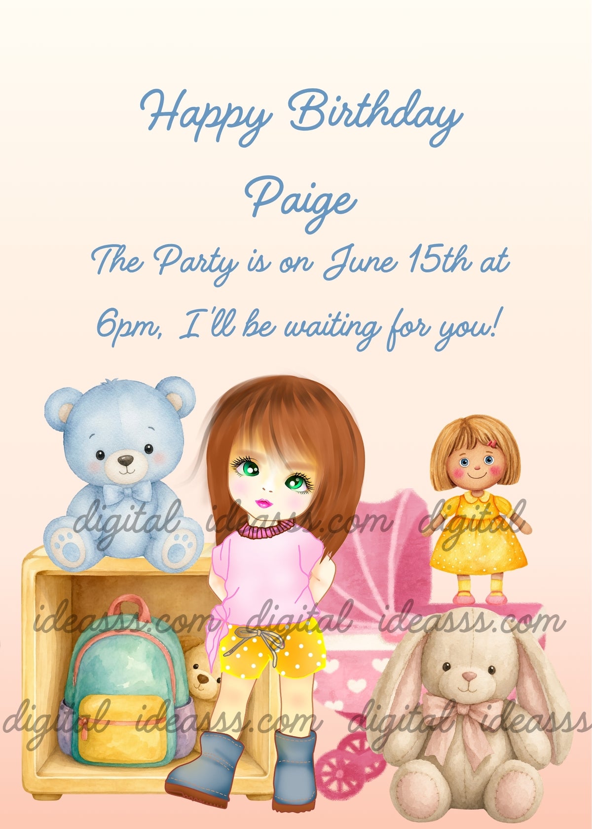 Brown-haired girl with green eyes wearing a pink top, yellow polka-dot shorts and blue boots, beside a blue teddy bear on a wooden cubby, a turquoise-and-yellow backpack, a small beige teddy bear, a pink toy pram, a doll in a yellow dress and a beige plush bunny with a pink bow, against a cream-to-peach background - printable birthday card for girls aged 5 to 10