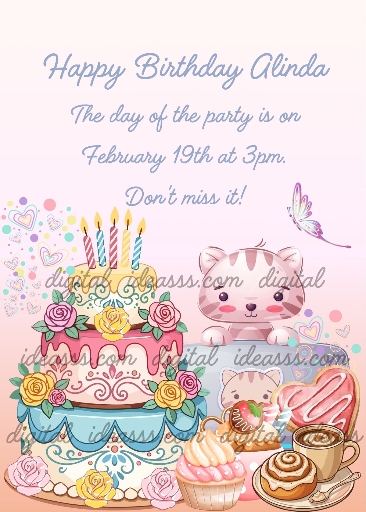 A pink birthday invitation for Glinda with a floral cake topped with five lit candles, two adorable kittens, a butterfly, a heart-shaped cookie, a cupcake, a cinnamon roll, and a cup of tea on a pale pink background - printable birthday card for girls aged 6 to 12