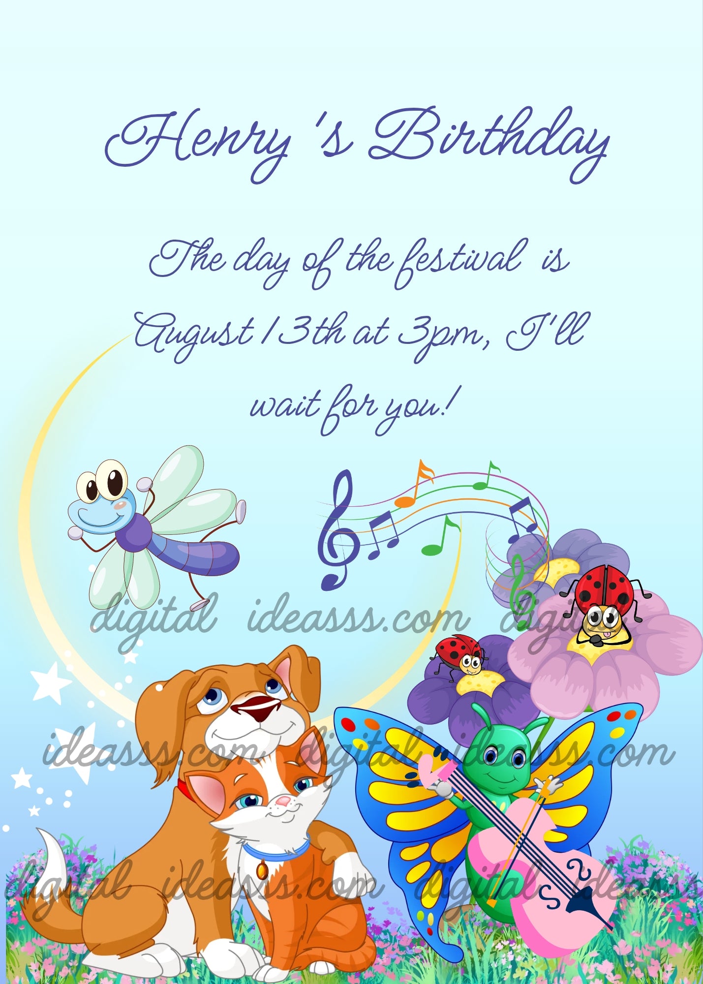A dreamy dog, a cat, a colorful butterfly playing cello, a dragonfly, a ladybug and a grasshopper with musical notes on a soft light blue background — birthday card for children aged 5 to 12