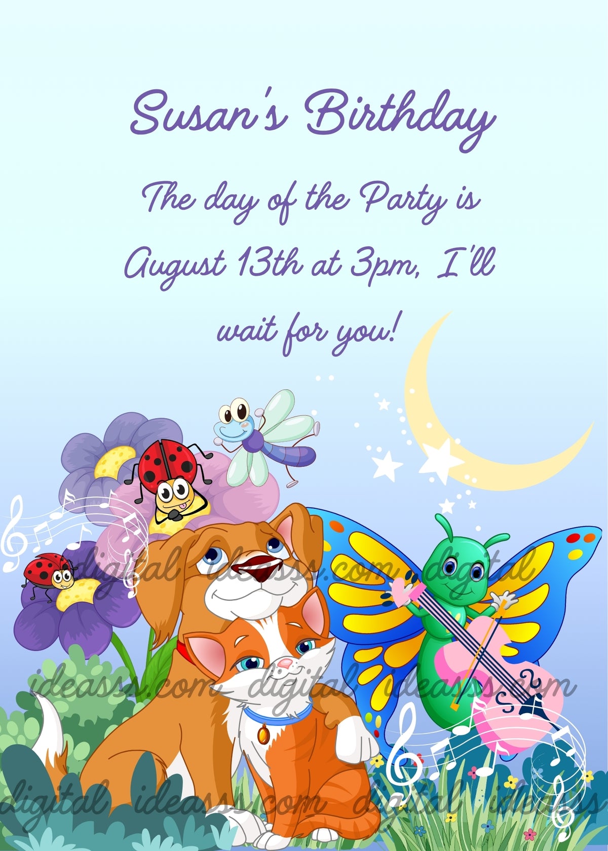 Cute puppy and kitten in a summer garden concert, colorful moth playing cello, ladybugs on purple flowers, smiling dragonfly, crescent moon and stars on light blue background — birthday card for children aged 5 to 12