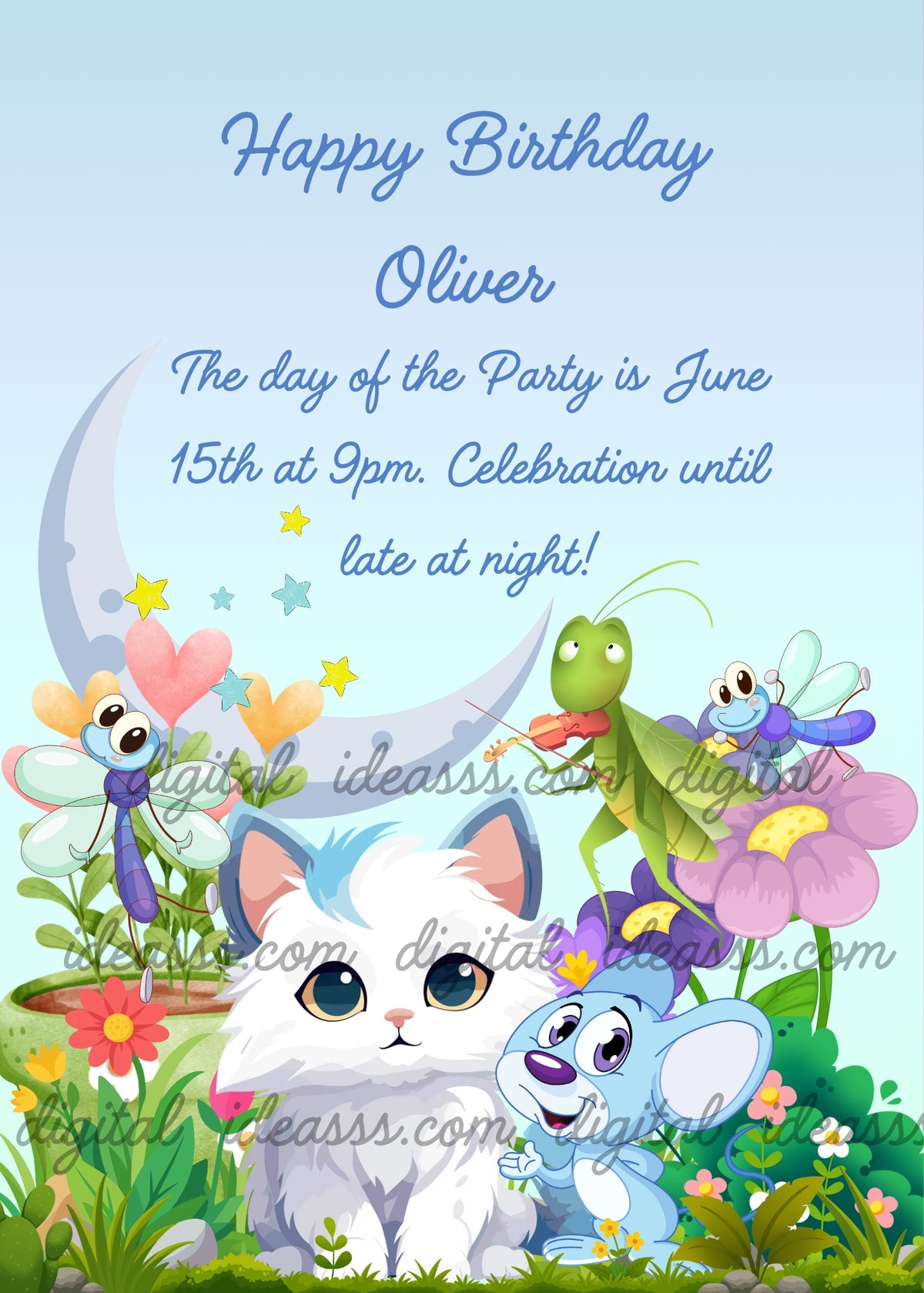 A white kawaii kitten and a light blue mouse in a garden with colorful flowers, a cricket playing violin, a blue dragonfly and a green dragonfly, a plant with heart-shaped flowers, colorful stars and a grey crescent moon on a soft light blue background — birthday card for children aged 1 to 9