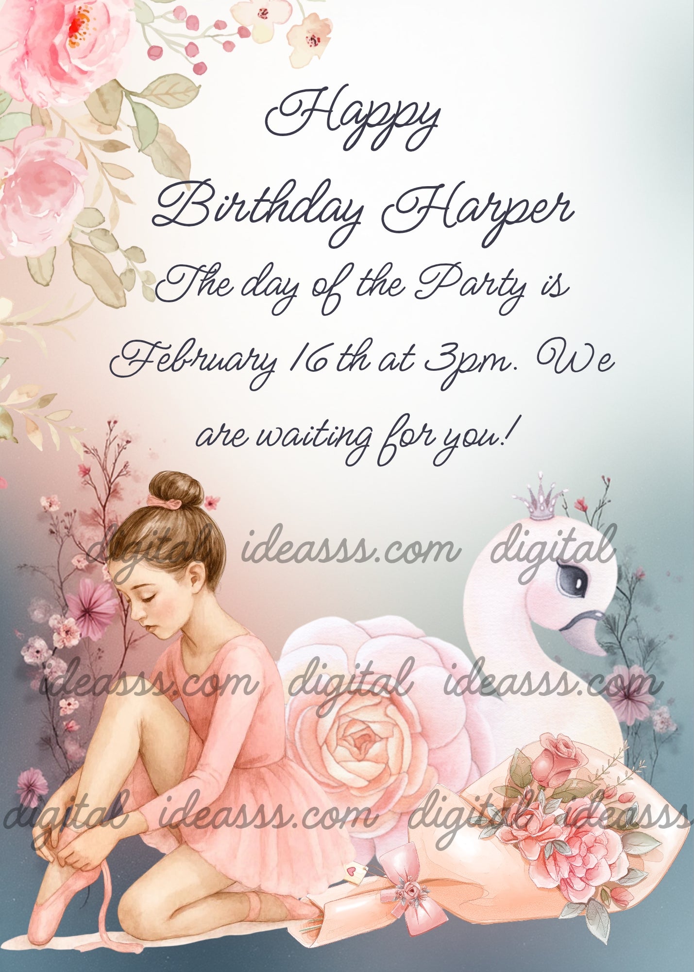 A ballerina with a brown bun tying her pink ballet shoes next to a white swan decorated with pink roses and delicate flowers on a soft grey-blue pastel background — birthday card for girls aged 10 to 14