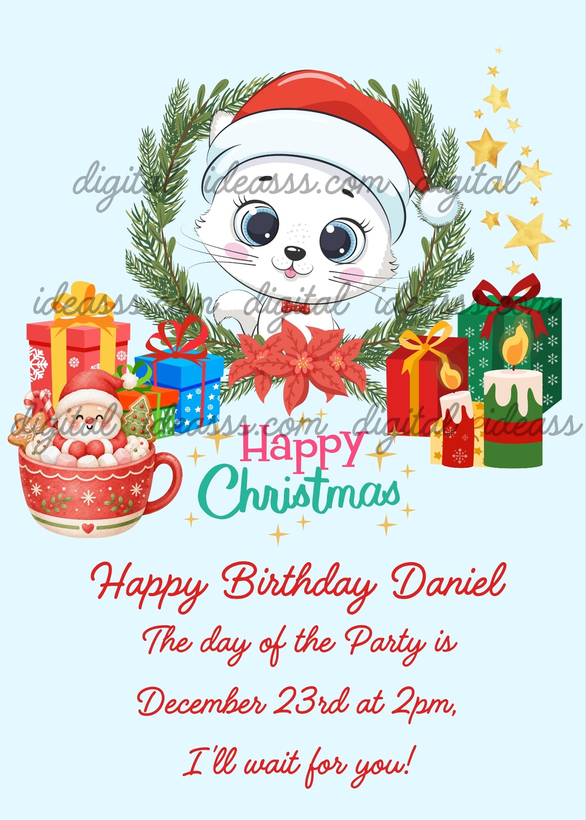 Cute white kitten Trilly with big blue eyes wearing a Santa hat, framed by a green fir wreath with red poinsettias, next to a red mug with Santa Claus and sugar sweets, colorful gift boxes, two festive candles, and a Happy Christmas inscription with golden stars on a soft light blue background — Christmas birthday card for children aged 1 to 9