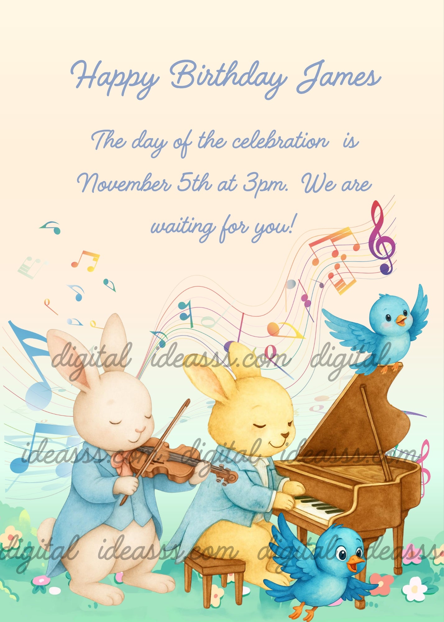 Cute white and beige bunnies playing violin and piano with colorful musical notes and little blue birds on a pastel background — birthday card for children aged 1 to 7