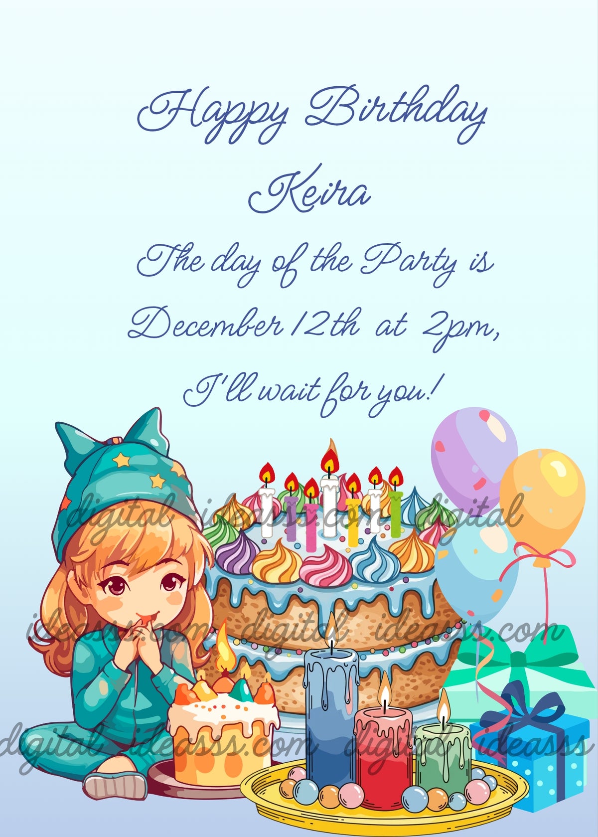 Cute anime girl with auburn hair in a teal outfit with golden stars sitting next to a birthday cake with colorful candles and blue glaze, a small fruit cake, a golden tray with blue, red and green candles and colorful marbles, light blue gift boxes, and three balloons in light blue, lilac and yellow on a soft light blue background — birthday card for girls aged 5 to 12