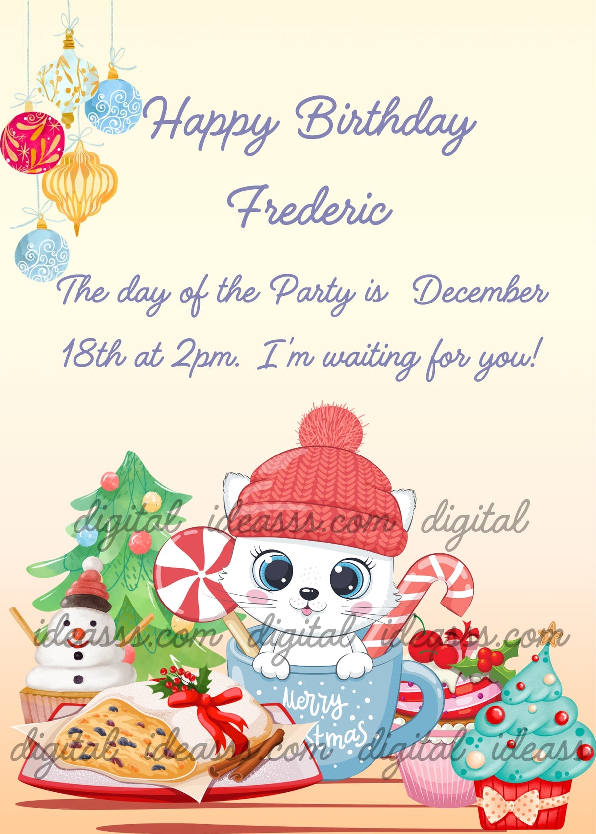 White kitten Trilly with blue eyes and a red knitted hat peeking out of a light blue Christmas mug, surrounded by a snowman cupcake, fruitcake, candy canes and festive sweets, with a small tabletop Christmas tree on the left, a Christmas tree cupcake on the right and colorful hanging ornaments above — personalized Christmas birthday card for children aged 1 to 9