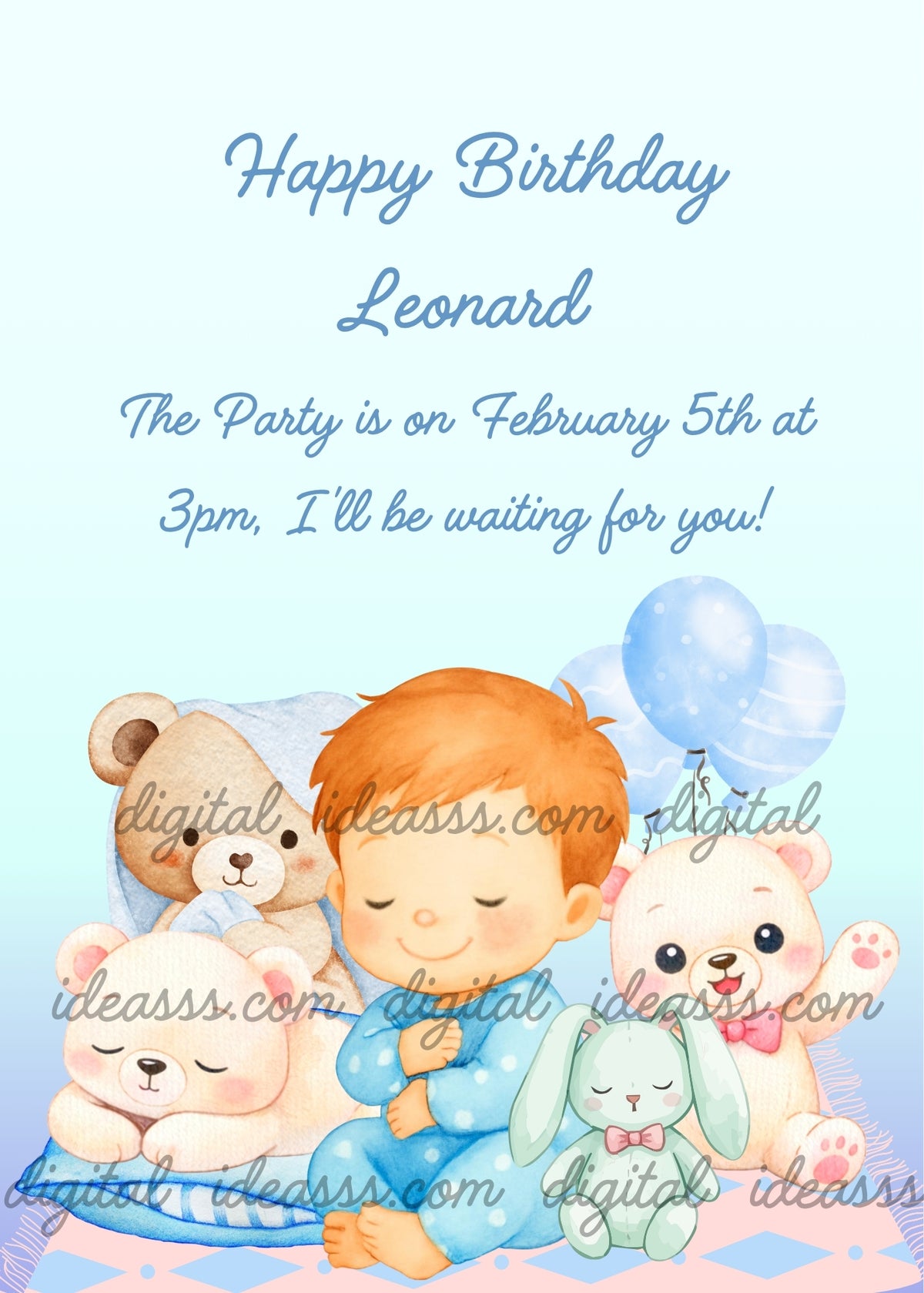 Orange-haired boy smiling with his eyes closed in light blue pajamas beside a beige teddy bear wrapped in a pale blue towel, a white teddy bear with pink shading sleeping on a blue pillow, a waving white teddy bear with a pink bow, and an aqua bunny, with light blue balloons and a pink rug patterned with blue diamonds - printable birthday card for boys aged 1 to 8