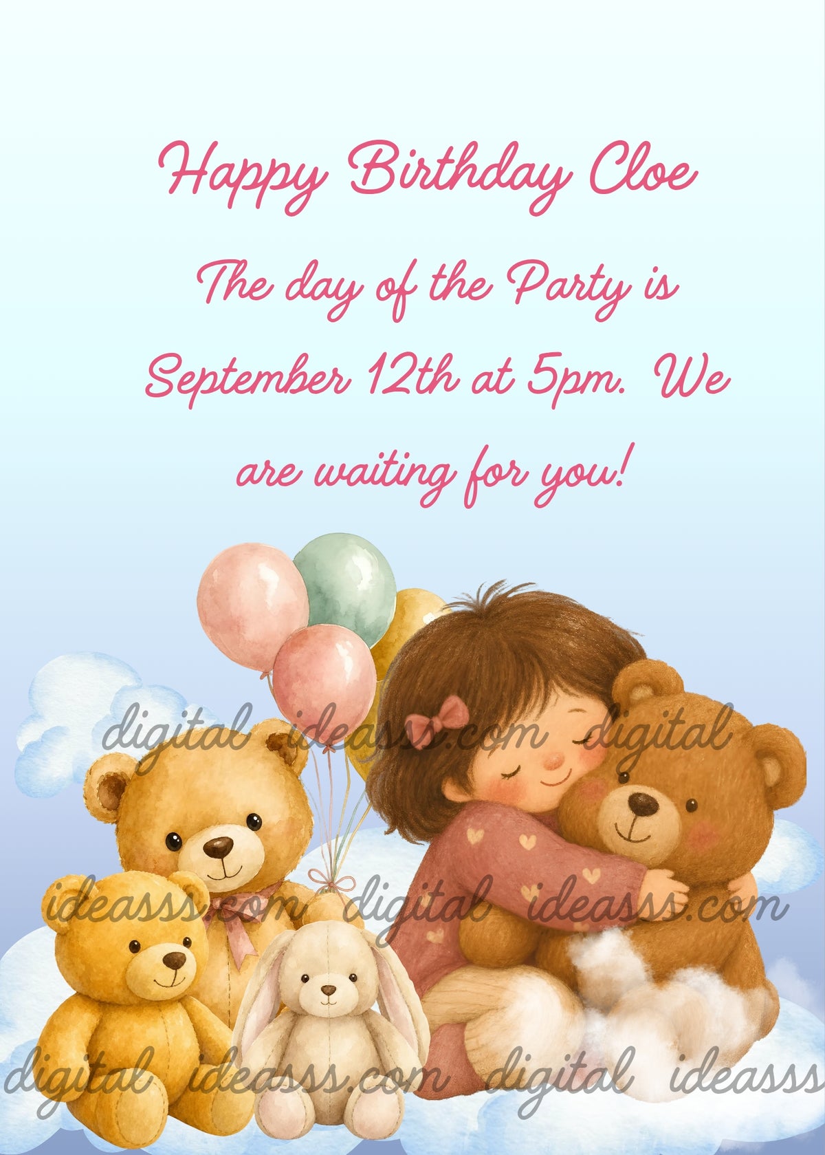 Little girl sleeping on clouds hugging a teddy bear with golden teddy bears white bunny and colorful balloons on light blue background — birthday card for children aged 1 to 9