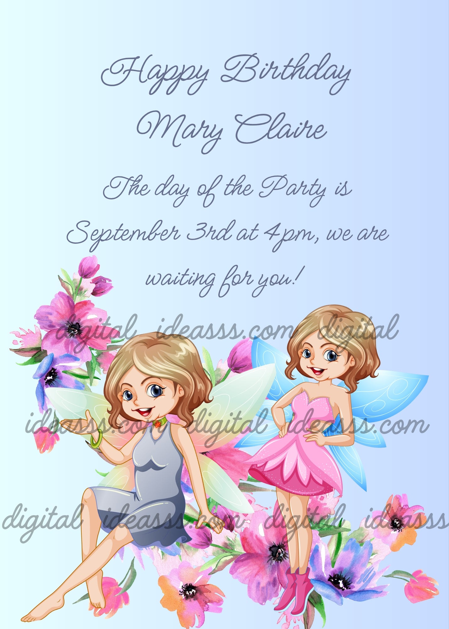 Two brown haired fairies a tall one in grey dress sitting among flowers and a small one in pink dress with blue wings among pink purple and orange anemones on a soft blue pastel background — birthday card for girls aged 9 to 14