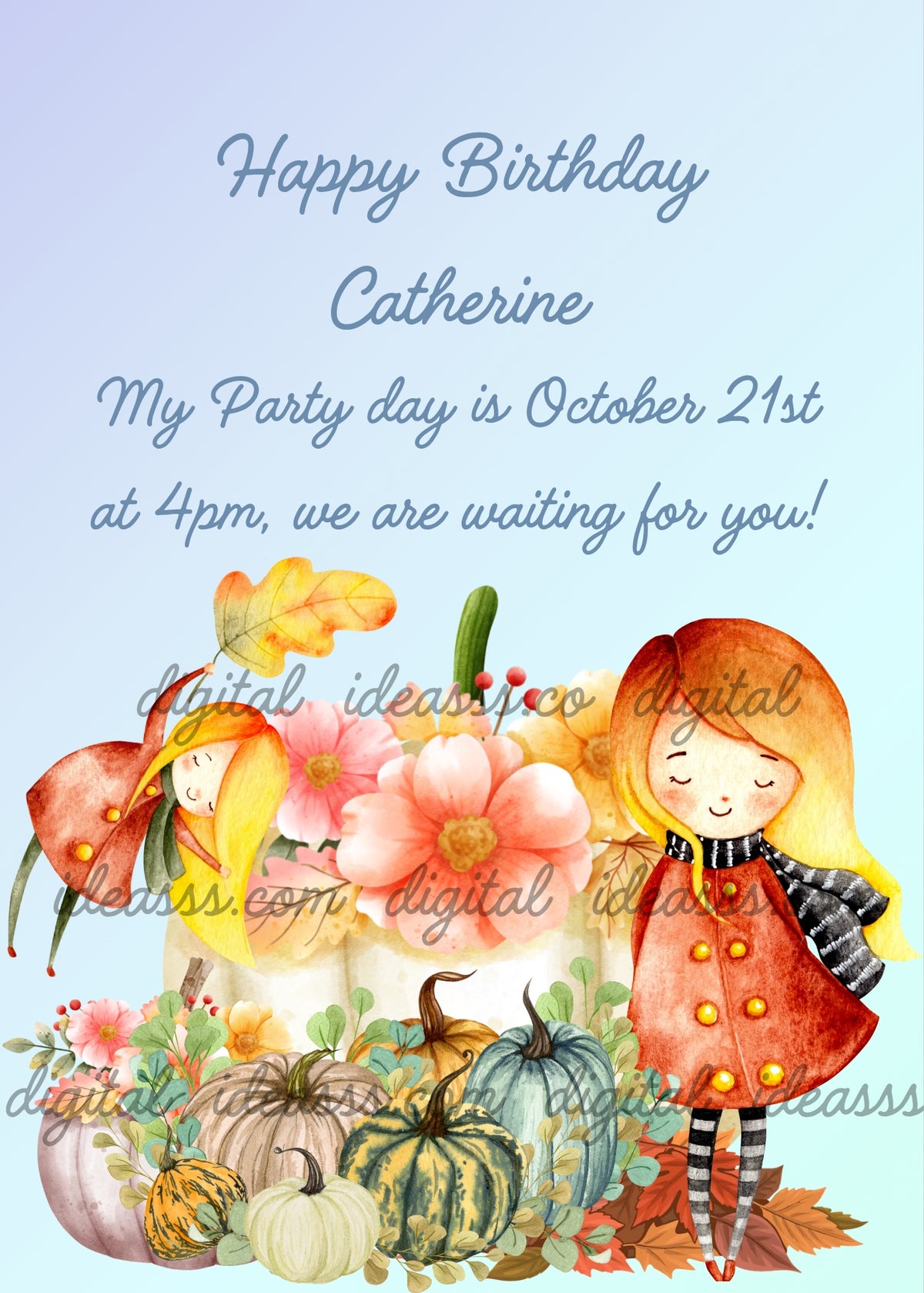 Girl in red coat with striped scarf standing near a large white pumpkin overflowing with pink and peach flowers, girl flying in the sky holding a large red autumn leaf, colorful pumpkins in white grey green and teal, golden and orange leaves on ground, soft orange hill in background, blue gradient background — birthday card for girls aged 9 to 14