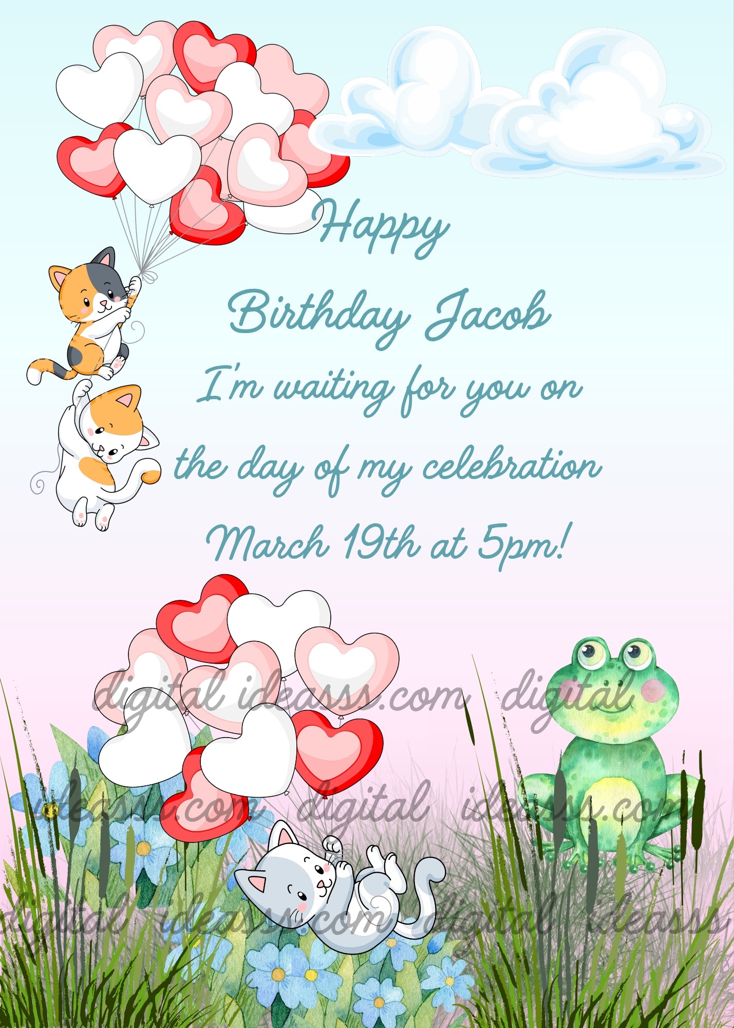 Three kittens flying with heart-shaped balloons over a pond with a green frog and blue flowers - printable birthday card for kids 1-9