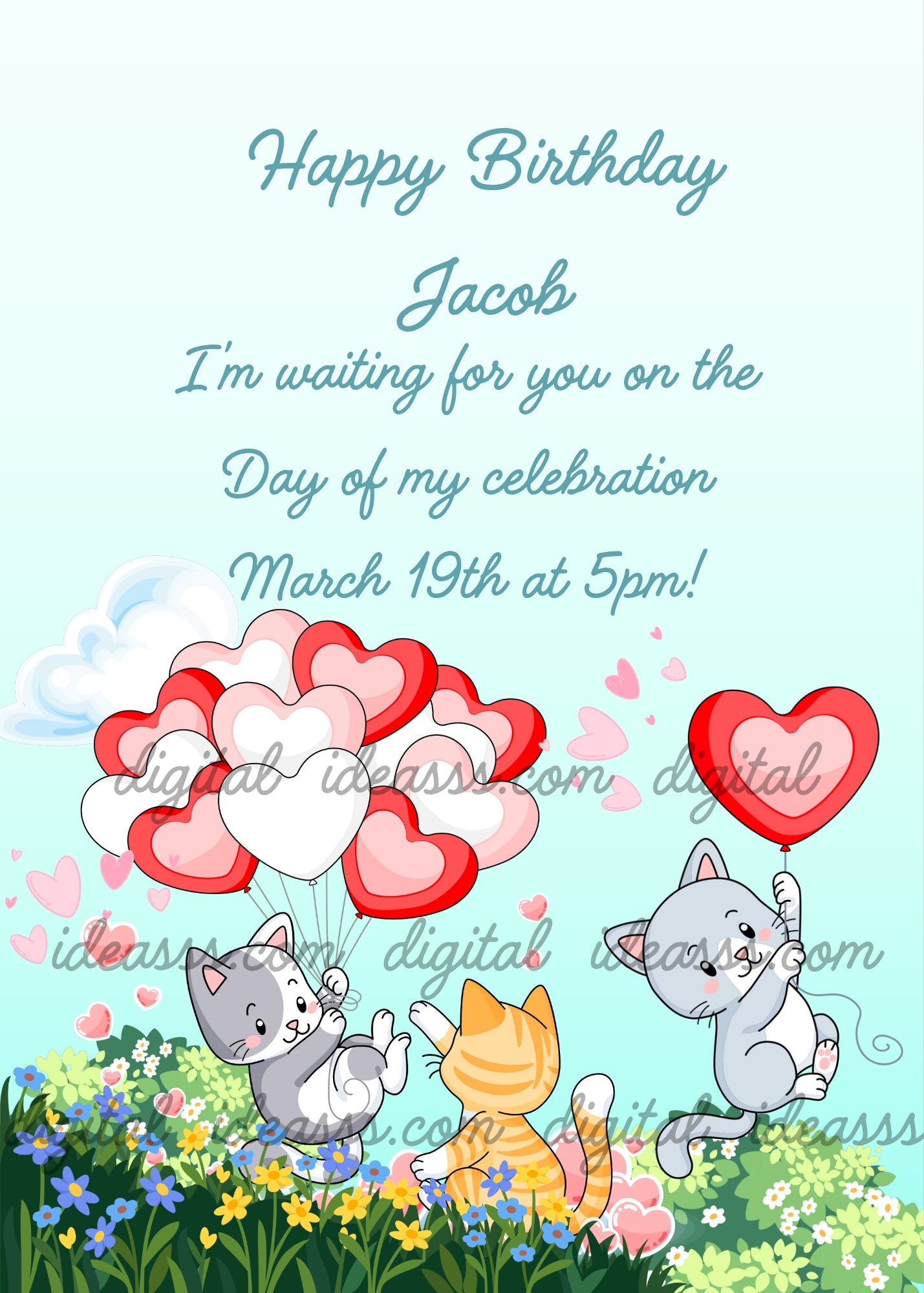 Three kawaii kittens with heart-shaped balloons in red and pink, green meadow with blue and yellow flowers on a soft sky blue background — printable birthday card for kids aged 1 to 9