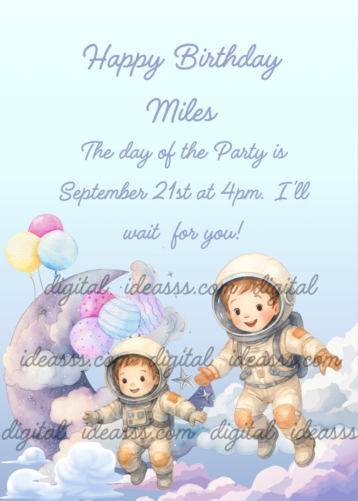 Two cute kawaii boy astronauts in white suits floating among clouds near a violet crescent moon decorated with colorful pink, yellow and light blue balloons and silver stars, on a soft light blue gradient background — birthday card for boys aged 6 to 13