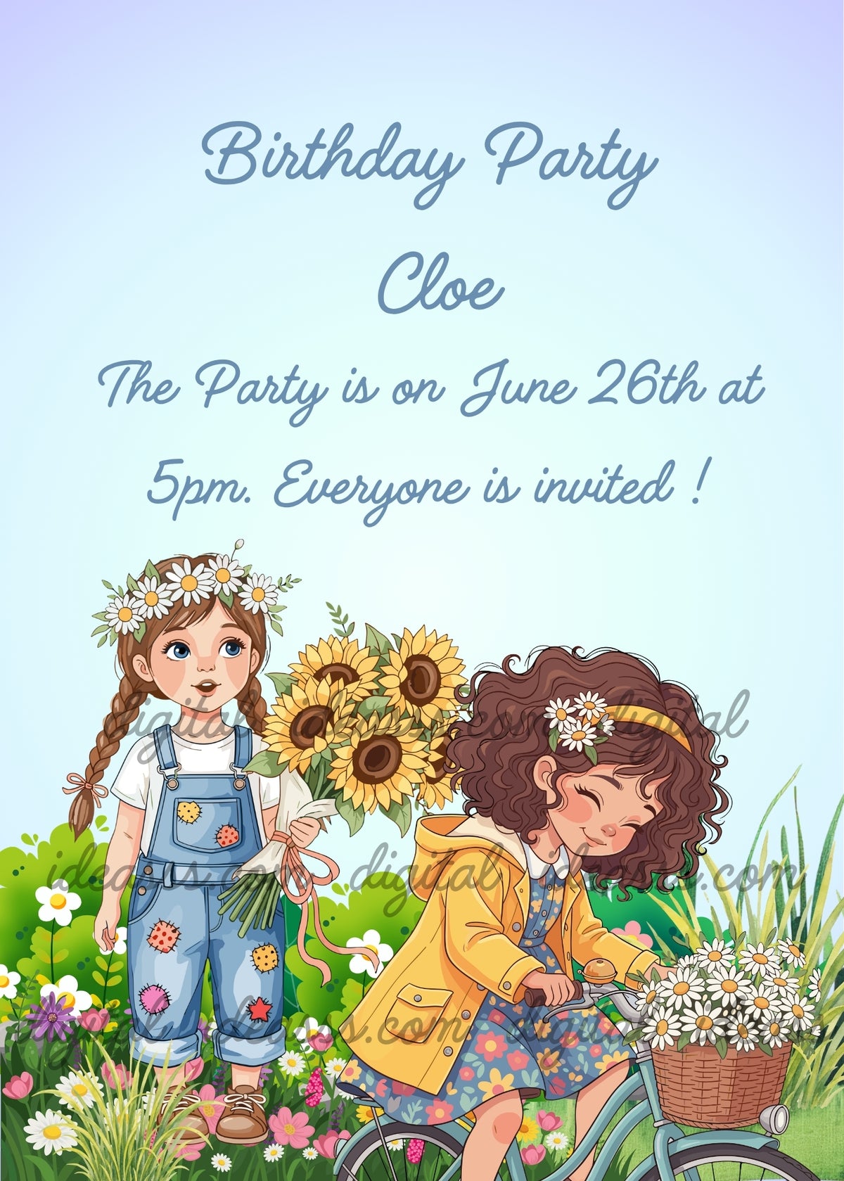 Two girls gathering flowers in a meadow: a braided brown-haired girl wearing a daisy crown and blue denim overalls holds a sunflower bouquet, while a curly-haired girl in a yellow jacket and floral dress rides a mint-green bicycle with a wicker basket full of daisies, surrounded by colorful flowers against a light blue and lavender background - printable birthday card for girls aged 9 to 14